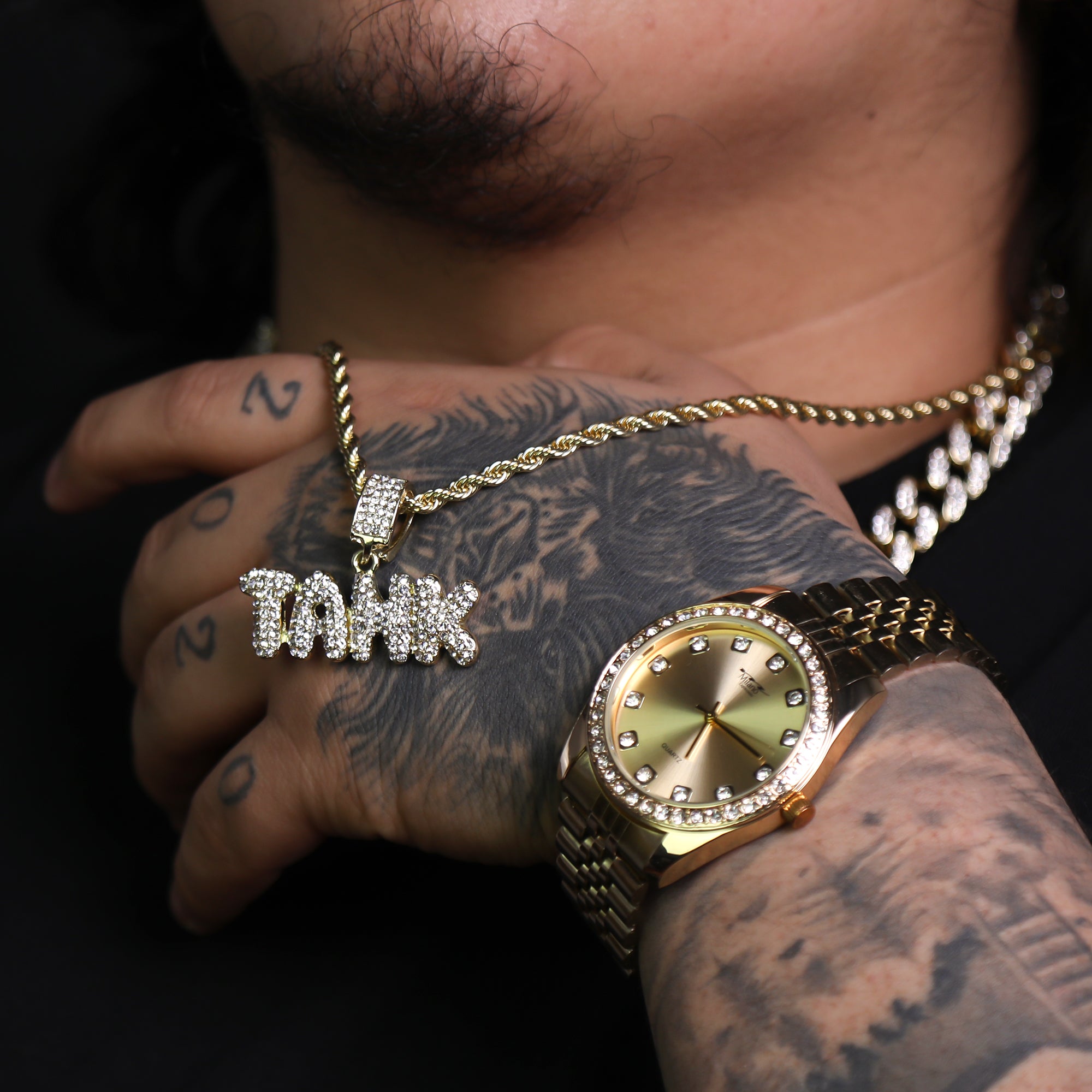 Iced Tank Letter Pendant 24"Rope Chain Hip Hop Style 18k Gold Plated