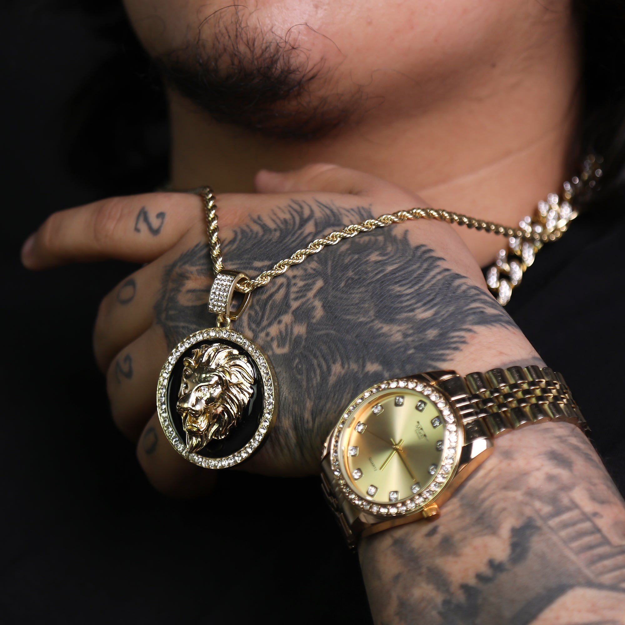 Iced Black Round Lion Face Pendant 24"Rope Chain Hip Hop Style 18k Gold Plated