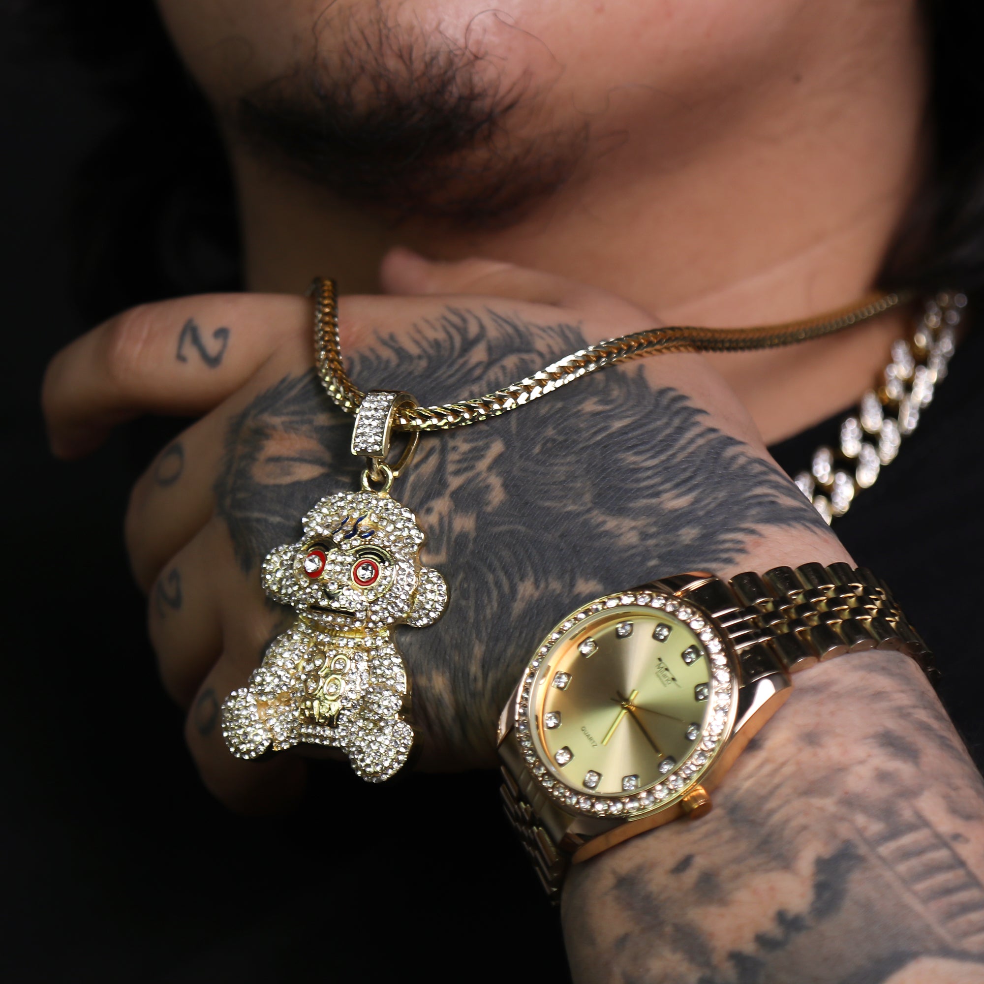 Iced Baby Monkey Pendant 24"Franco Chain Hip Hop Style 18k Gold Plated