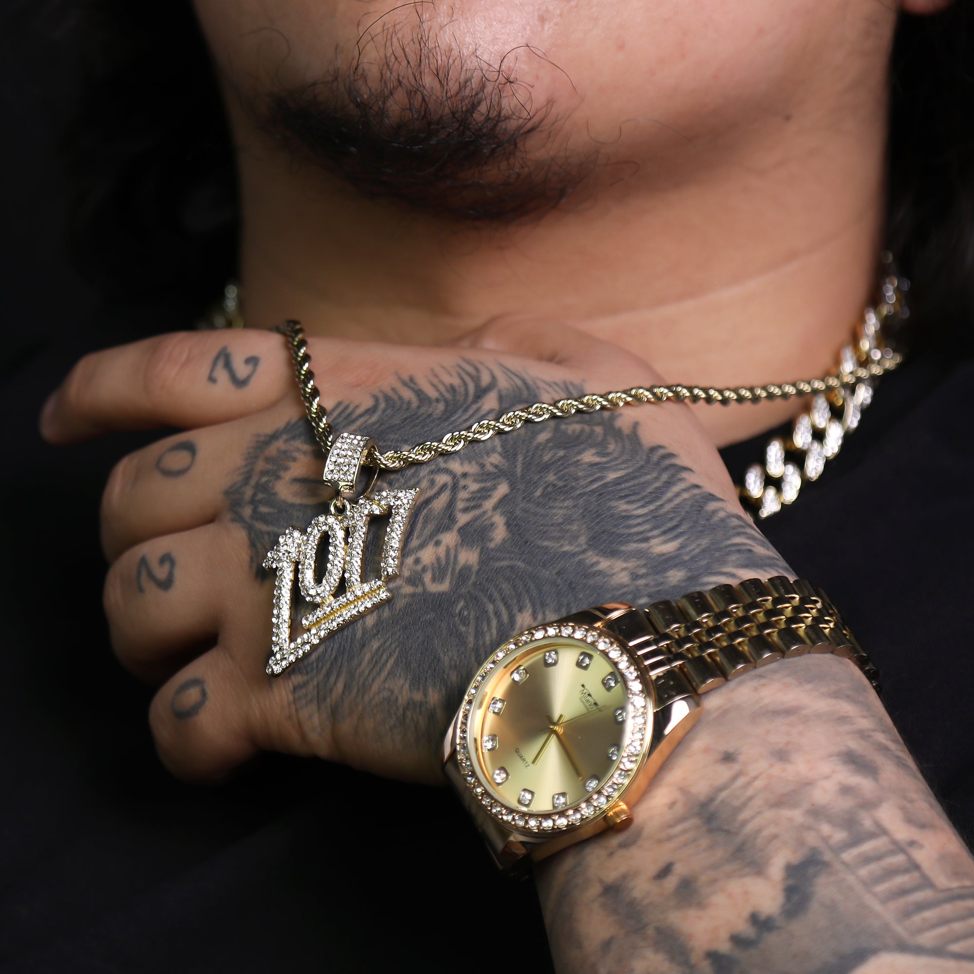 Iced 1017 Numbers Pendant 24"Rope Chain Hip Hop Style 18k Gold Plated