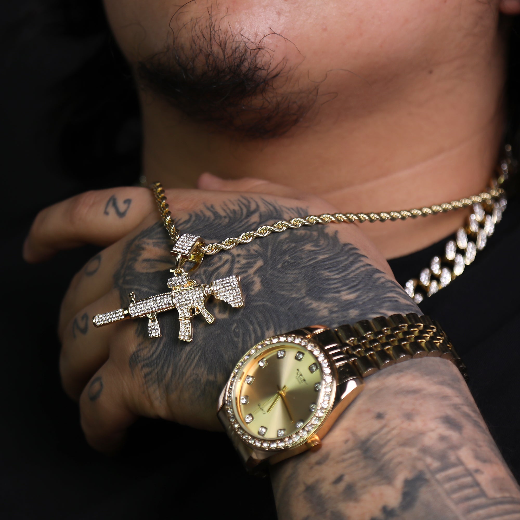 Iced AR Rifle Pendant 24"Rope Chain Hip Hop Style 18k Gold Plated Necklace