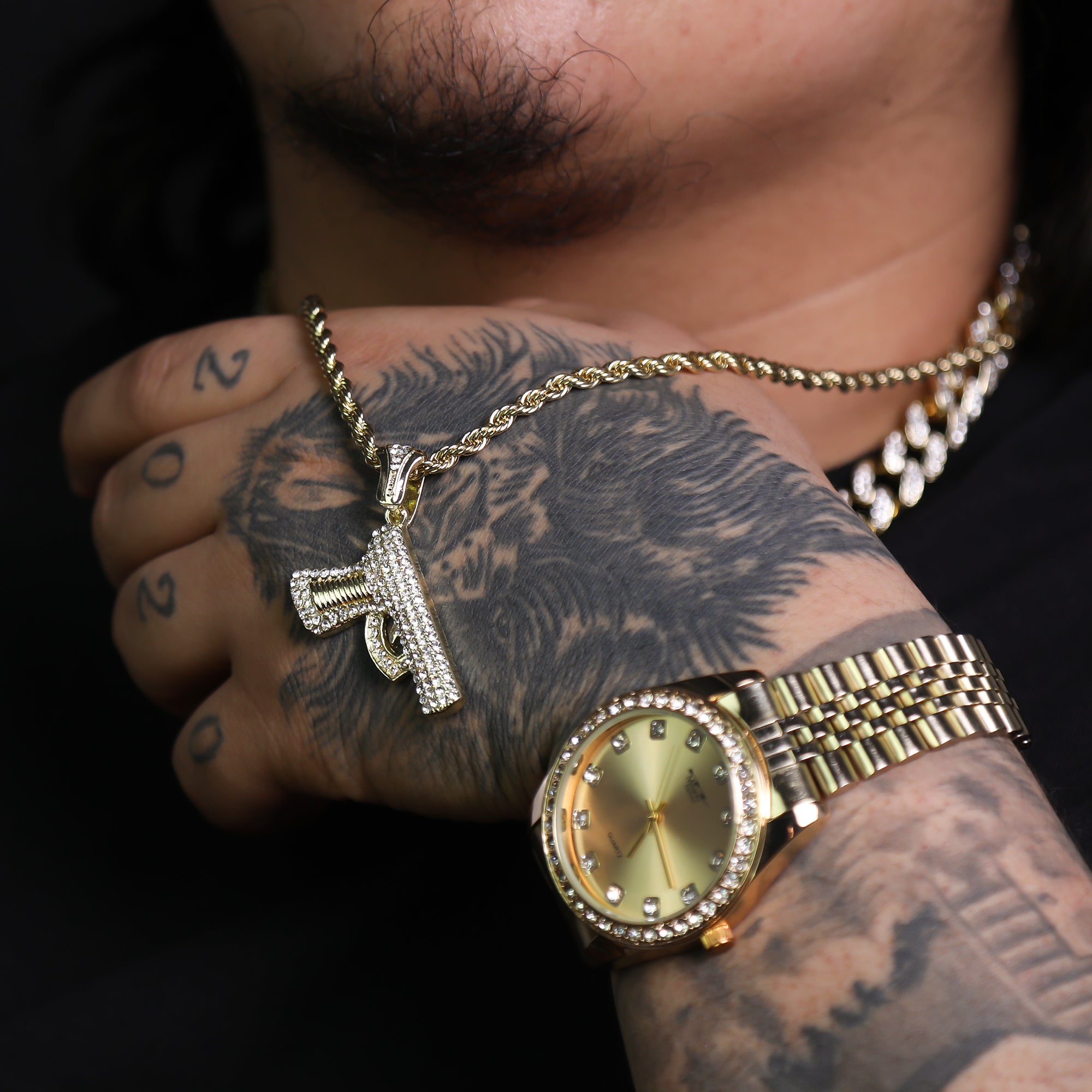 Iced Pistole Pendant 24"Rope Chain Hip Hop Style 18k Gold Plated Necklace