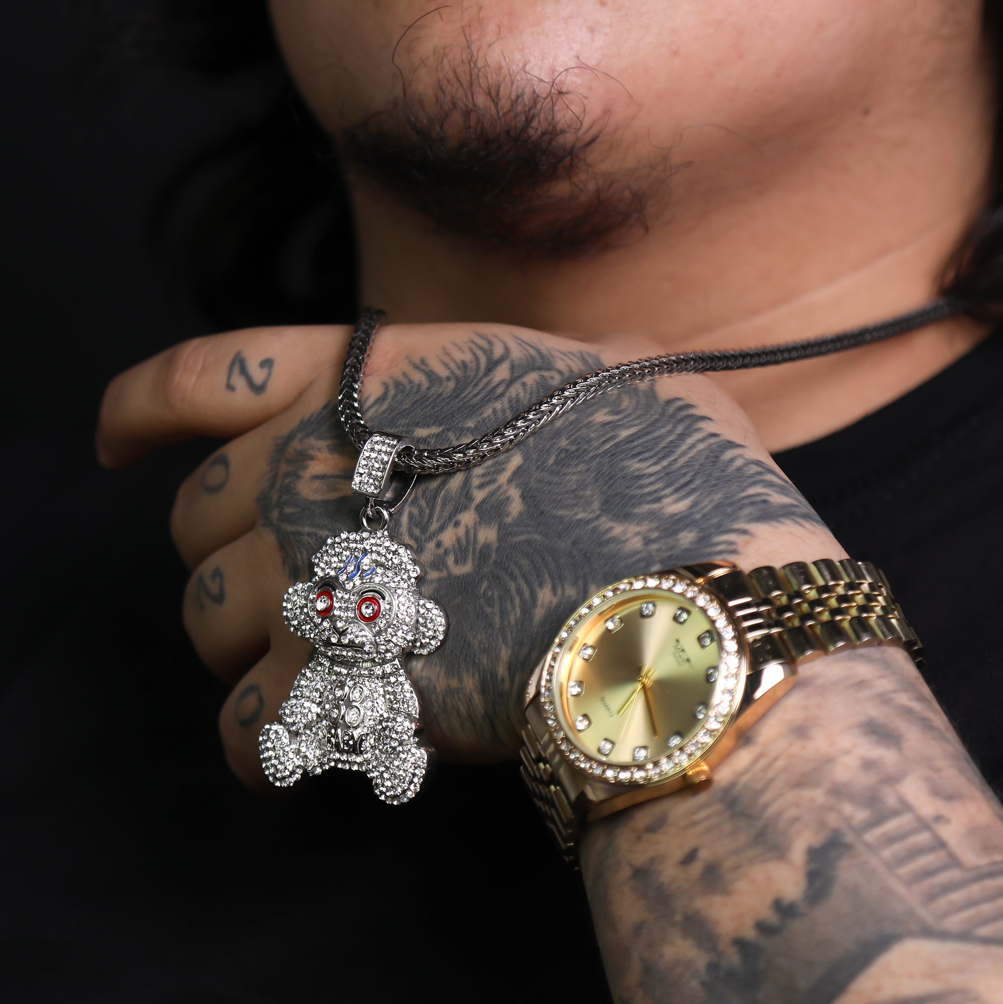 Iced Baby Monkey Pendant 24"Franco Chain Hip Hop Style Silver Plated