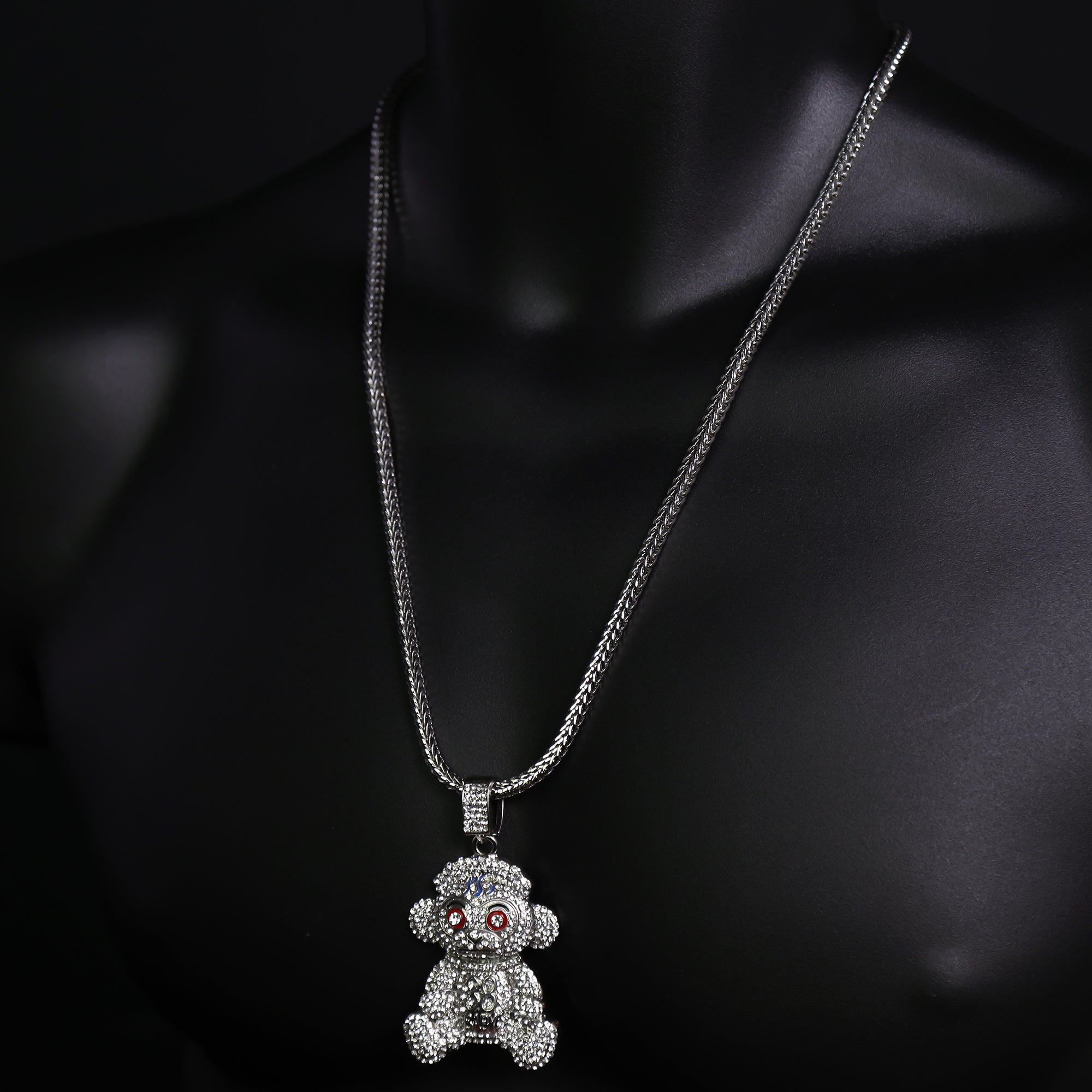 Iced Baby Monkey Pendant 24"Franco Chain Hip Hop Style Silver Plated