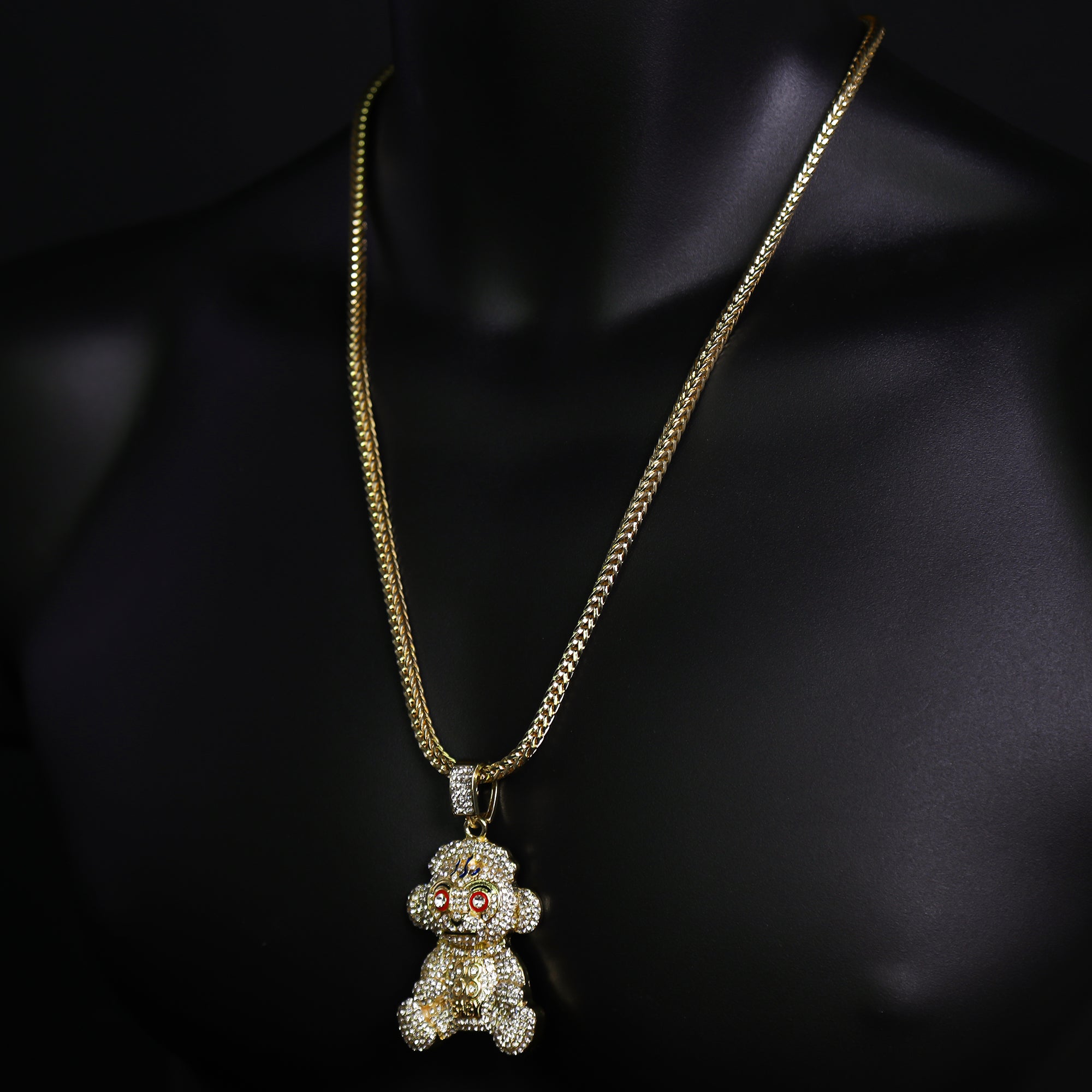 Iced Baby Monkey Pendant 24"Franco Chain Hip Hop Style 18k Gold Plated
