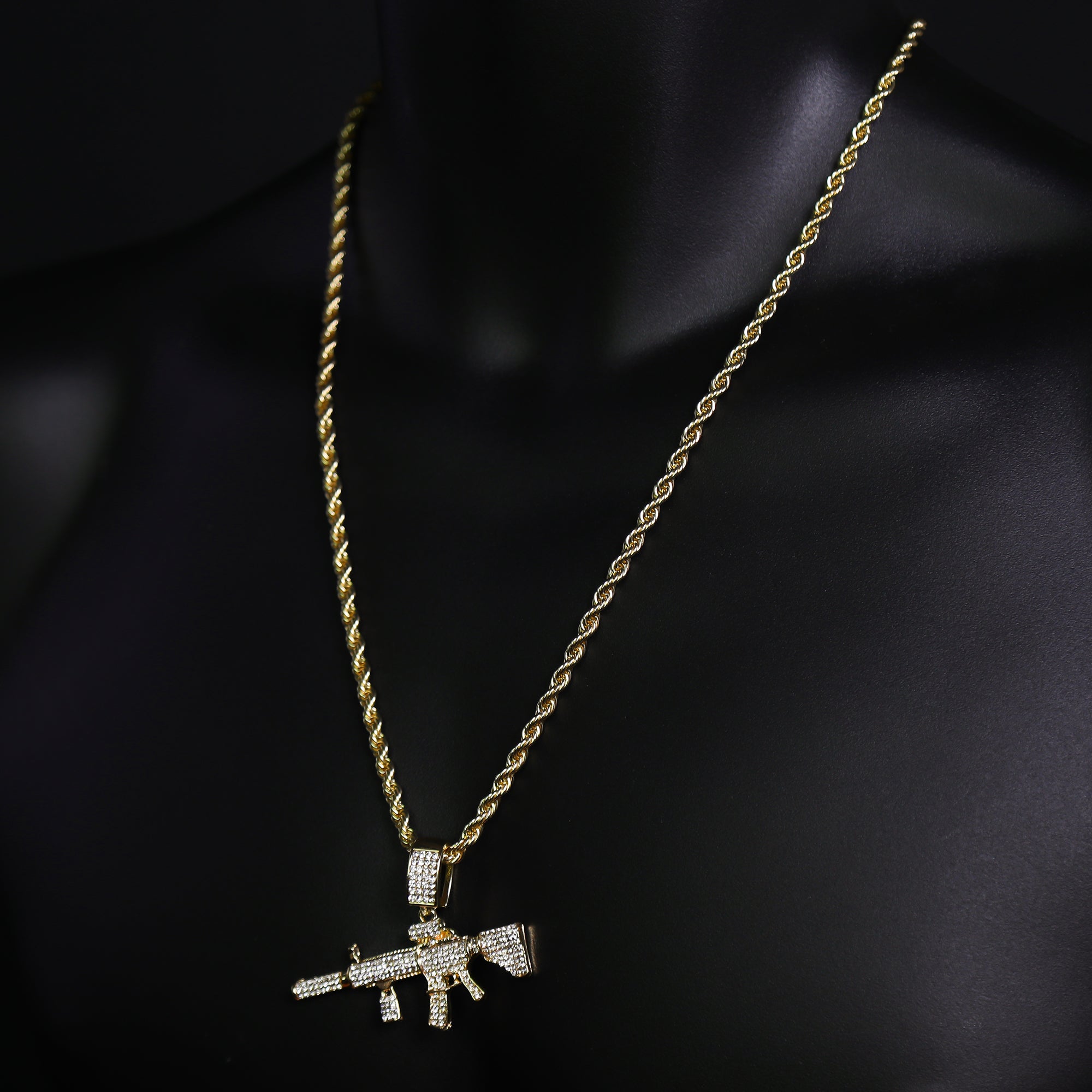Iced AR Rifle Pendant 24"Rope Chain Hip Hop Style 18k Gold Plated Necklace