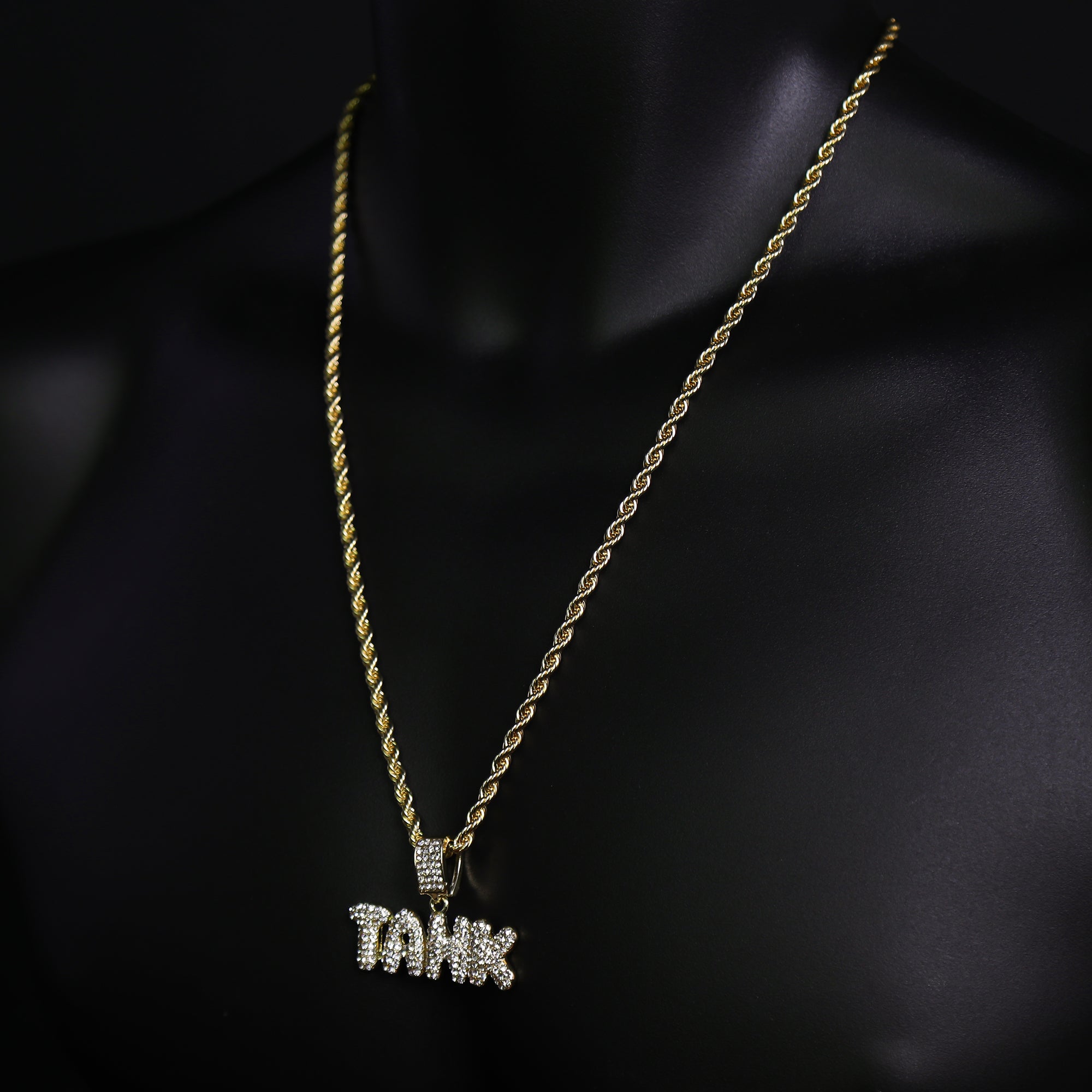 Iced Tank Letter Pendant 24"Rope Chain Hip Hop Style 18k Gold Plated