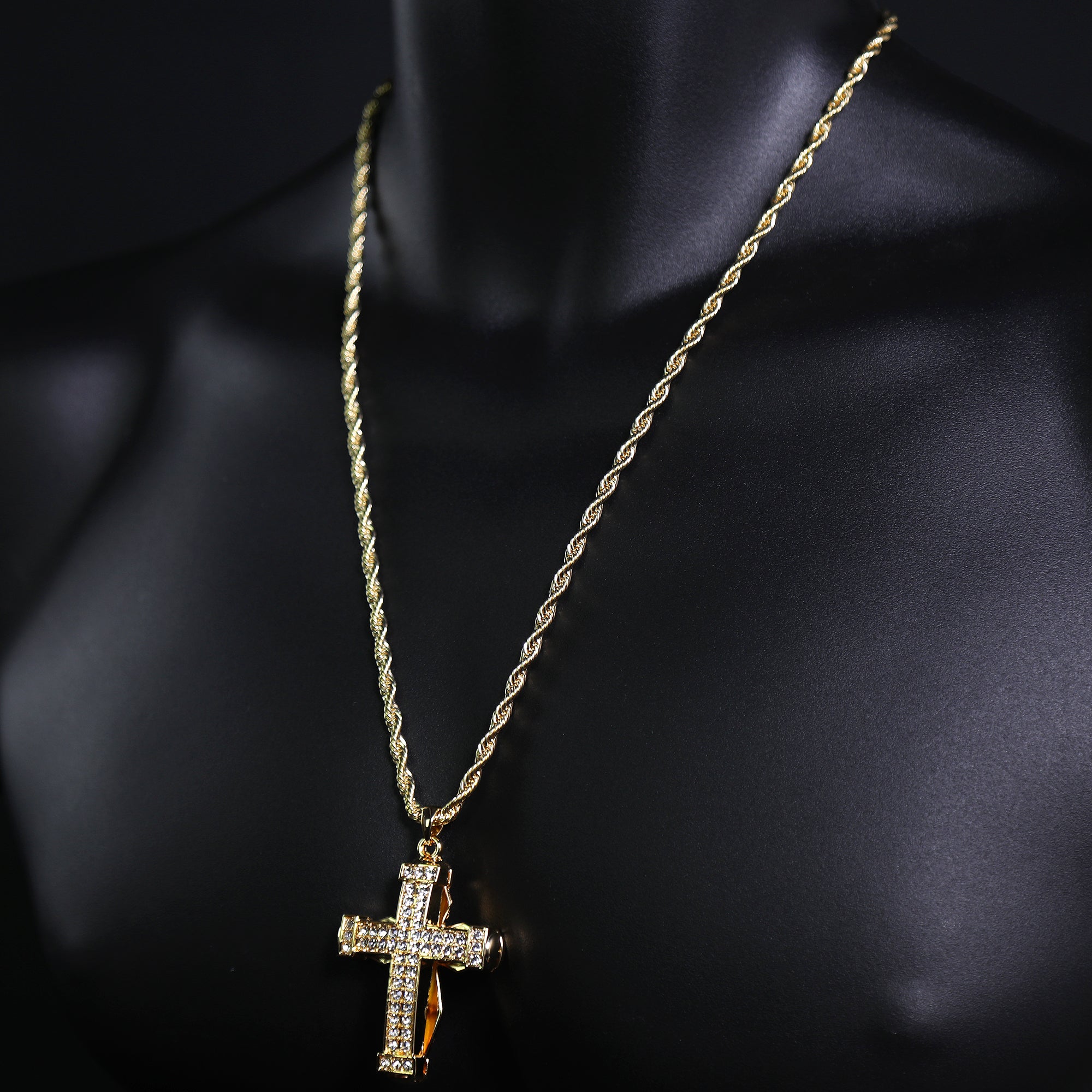 Iced 3D Staple Cross Crucifix Pendant 24" Rope Chain Hip Hop Style 18k Gold PT