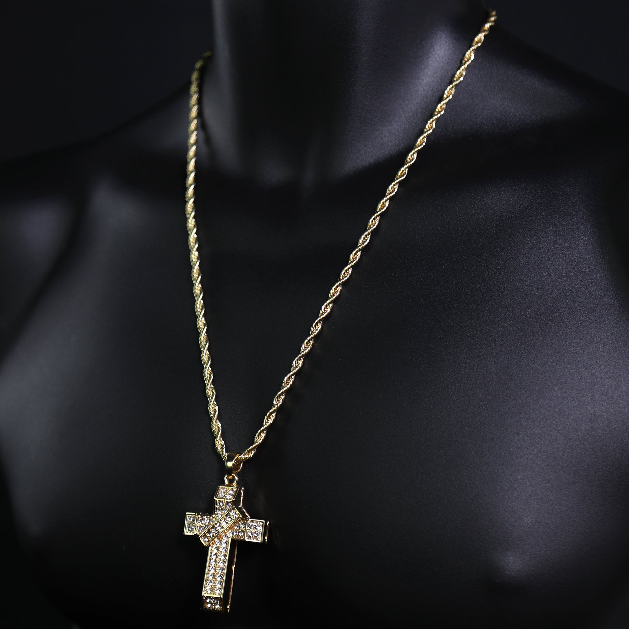 Iced 3D Banner Cross Crucifix Pendant 24" Rope Chain Hip Hop Style 18k Gold PT