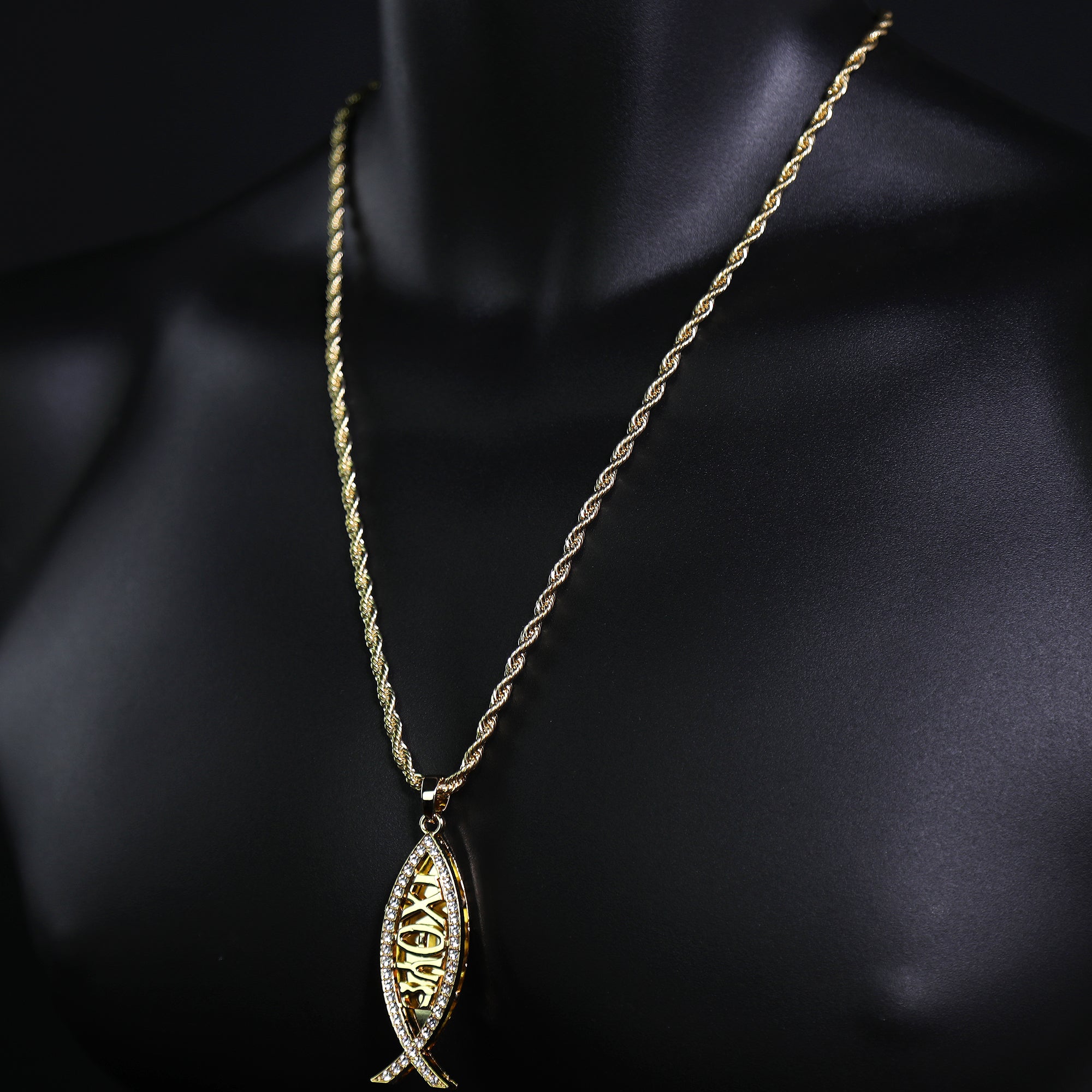 Iced 3D Jesus Fish IXOYE Pendant 24" Rope Chain Hip Hop Style 18k Gold Plated