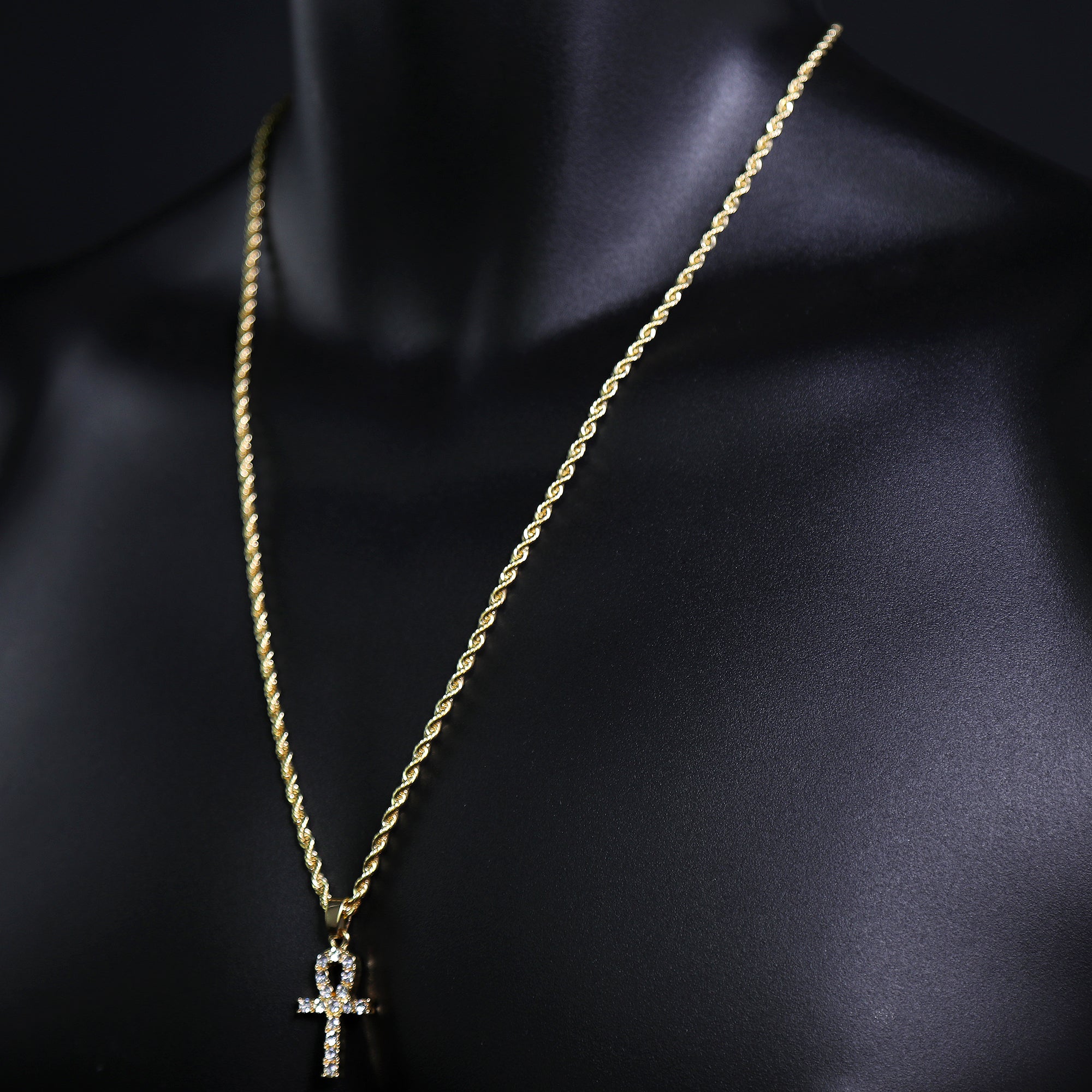 Iced Micro Egyptian Ankh Cross Pendant 24" Rope Chain Hip Hop Style 18k Gold PT