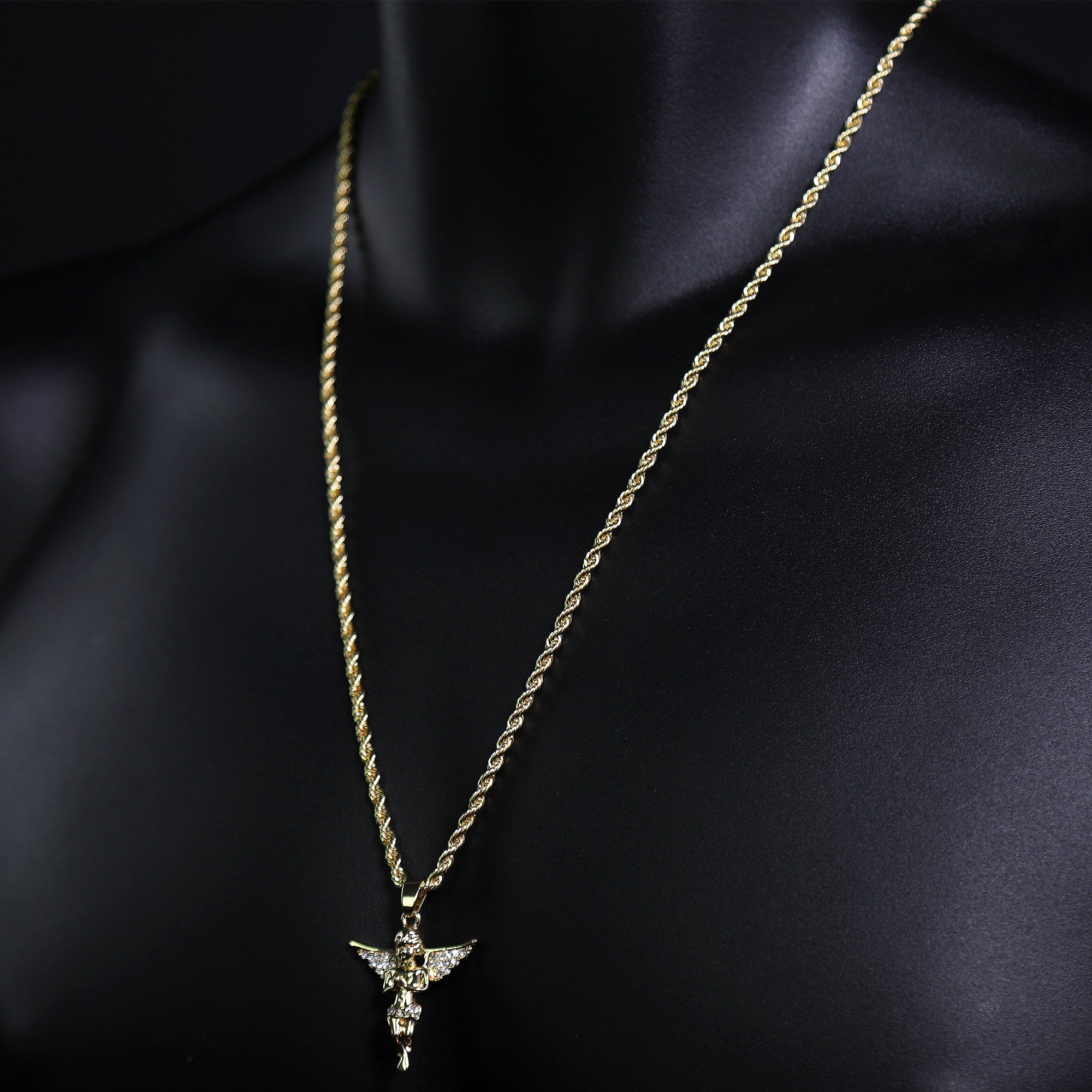 Iced Micro Praying Angel Pendant 24" Rope Chain Hip Hop Style 18k Gold PT