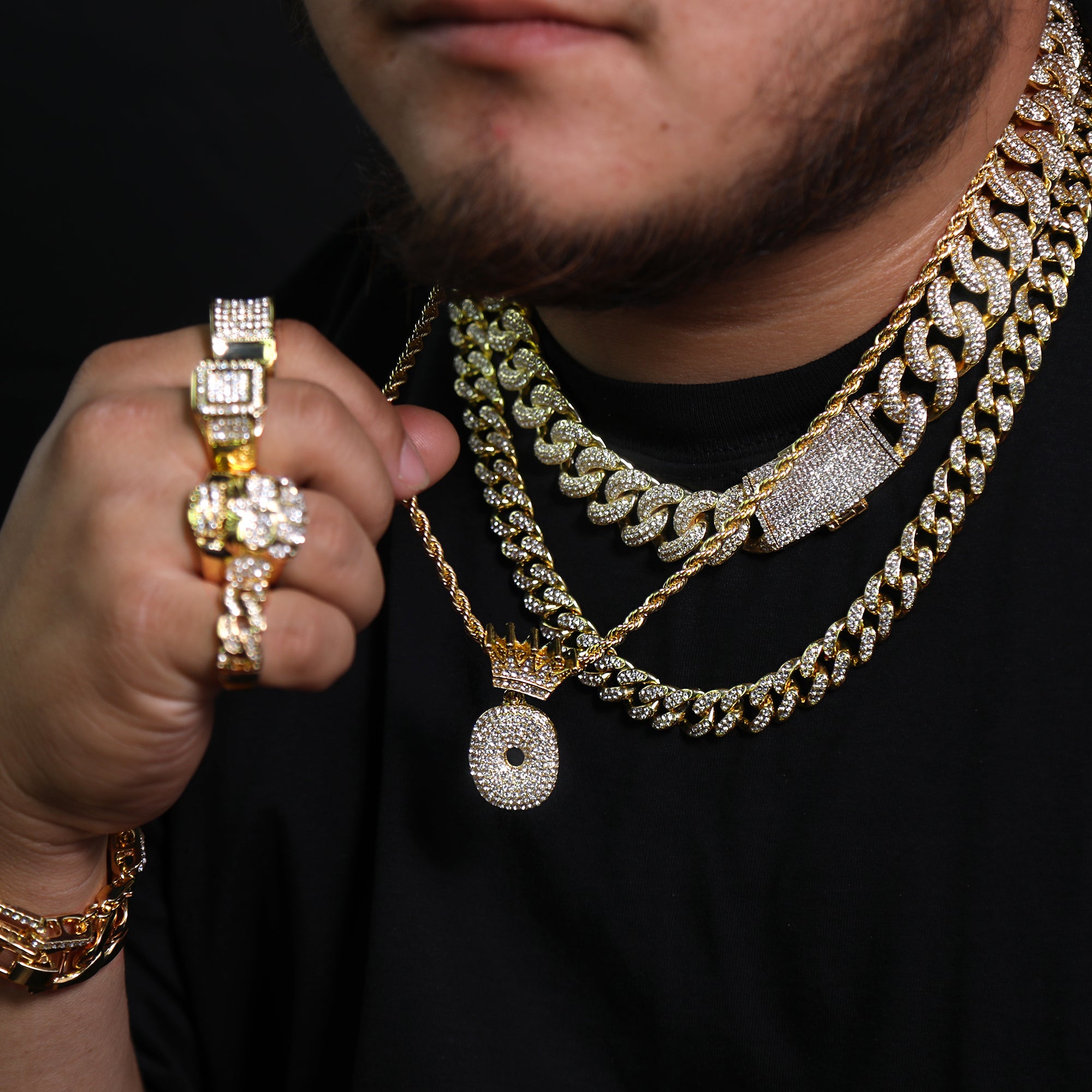 Crown Bubble Letter O Pendant 24"Rope Chain Hip Hop Style 18k Gold Plated Necklace