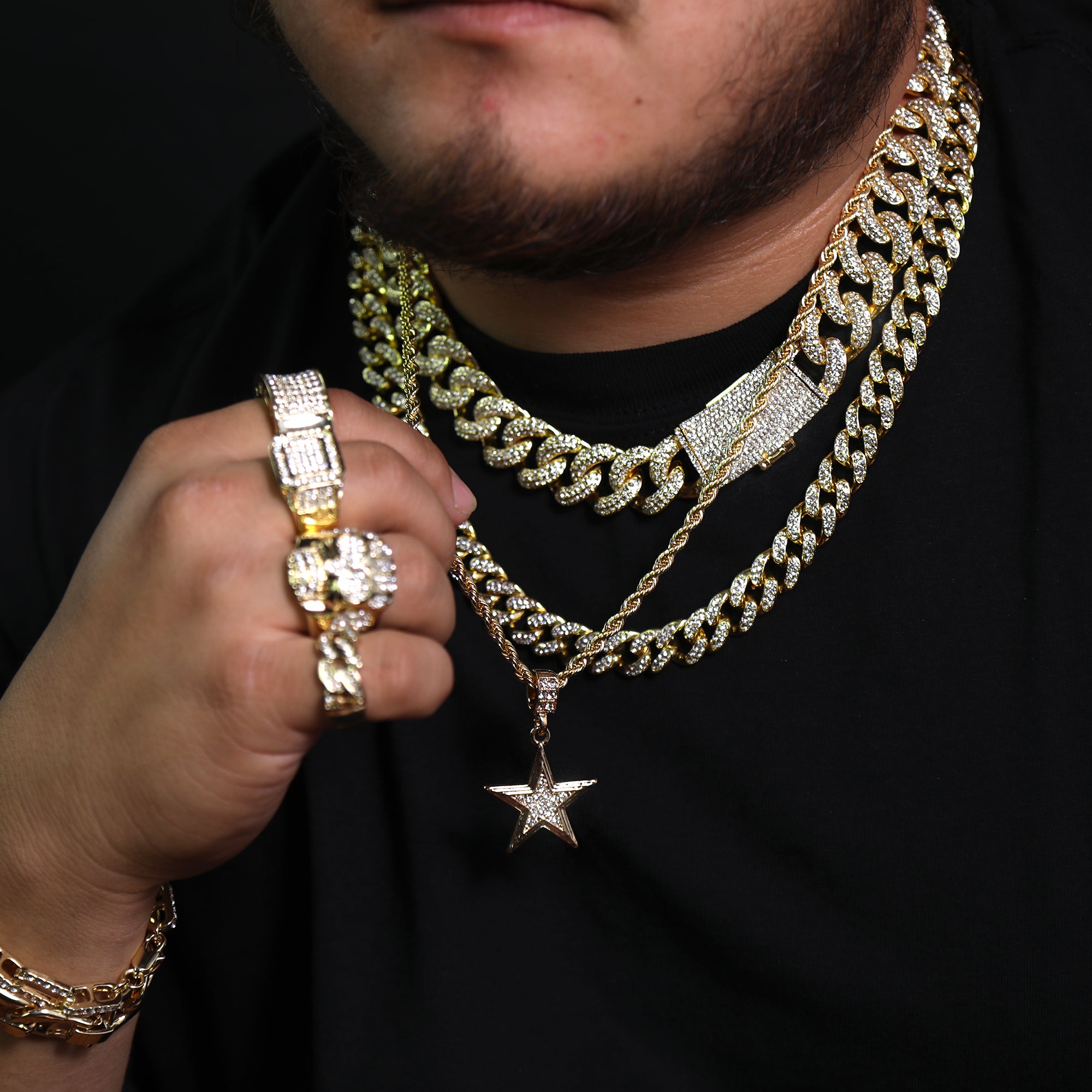 Star Pendant 24" Rope Chain Hip Hop Style 18k Gold PT