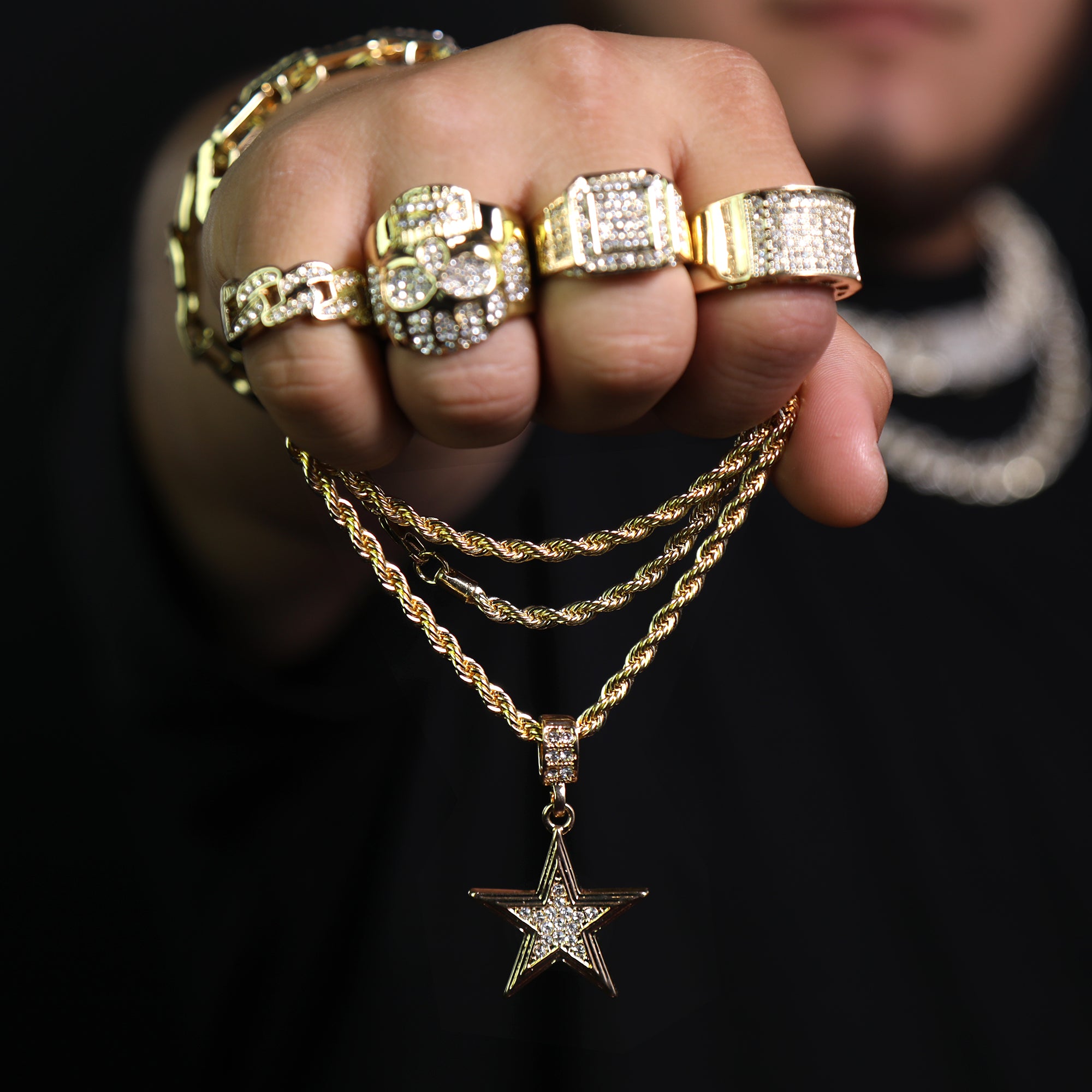 Star Pendant 24" Rope Chain Hip Hop Style 18k Gold PT