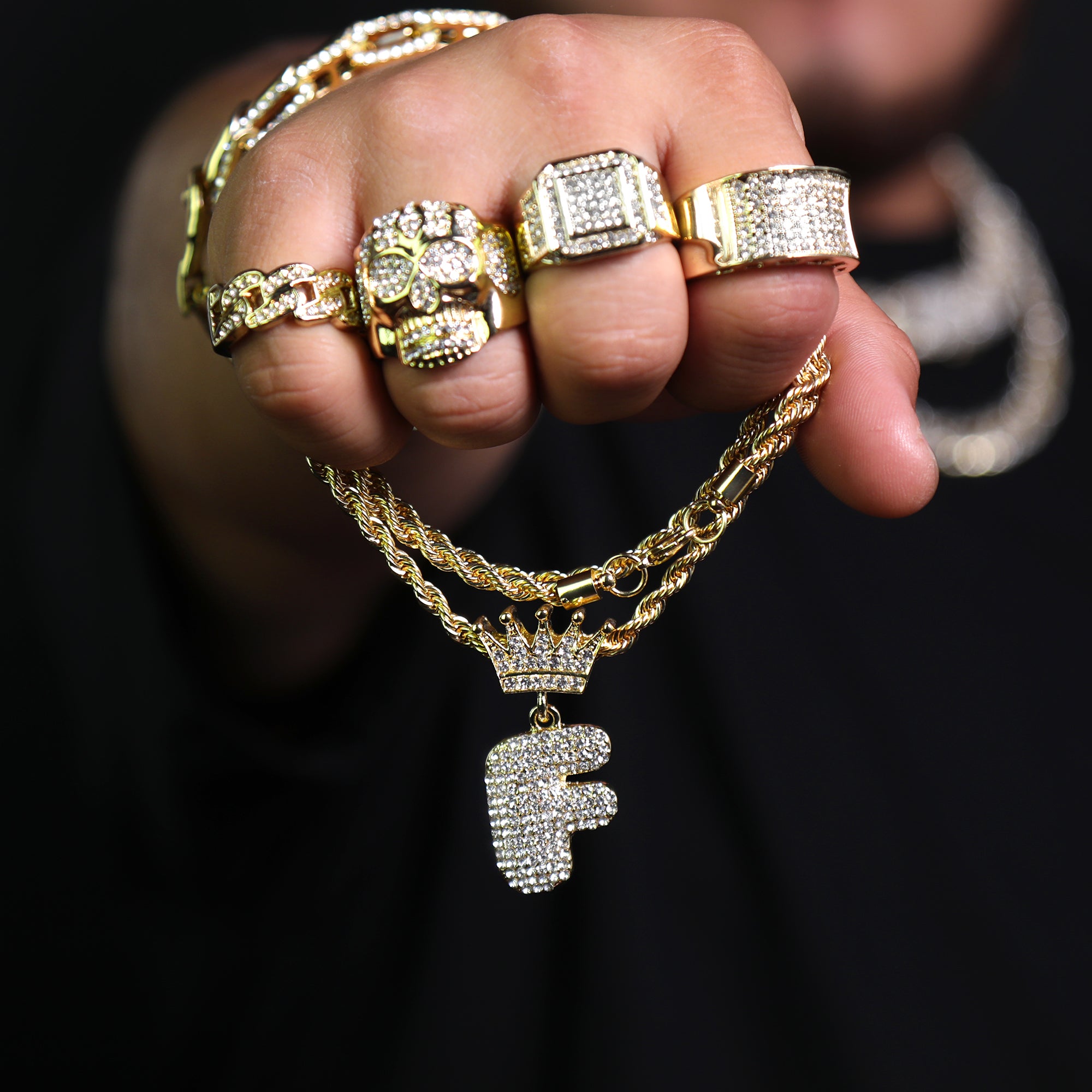 Crown Bubble Letter F Pendant 24"Rope Chain Hip Hop Style 18k Gold Plated Necklace
