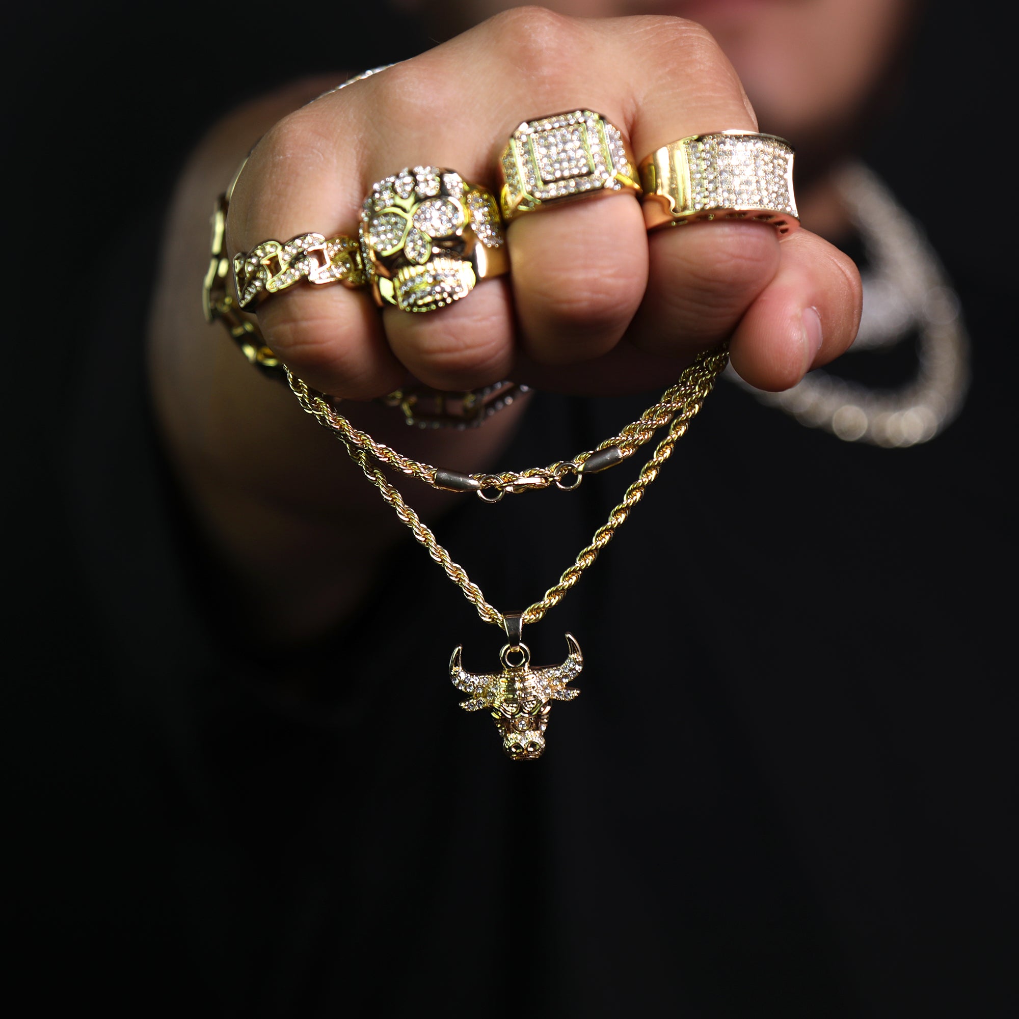 Micro Bull Head Pendant 24" Rope Chain Hip Hop Style 18k Gold PT