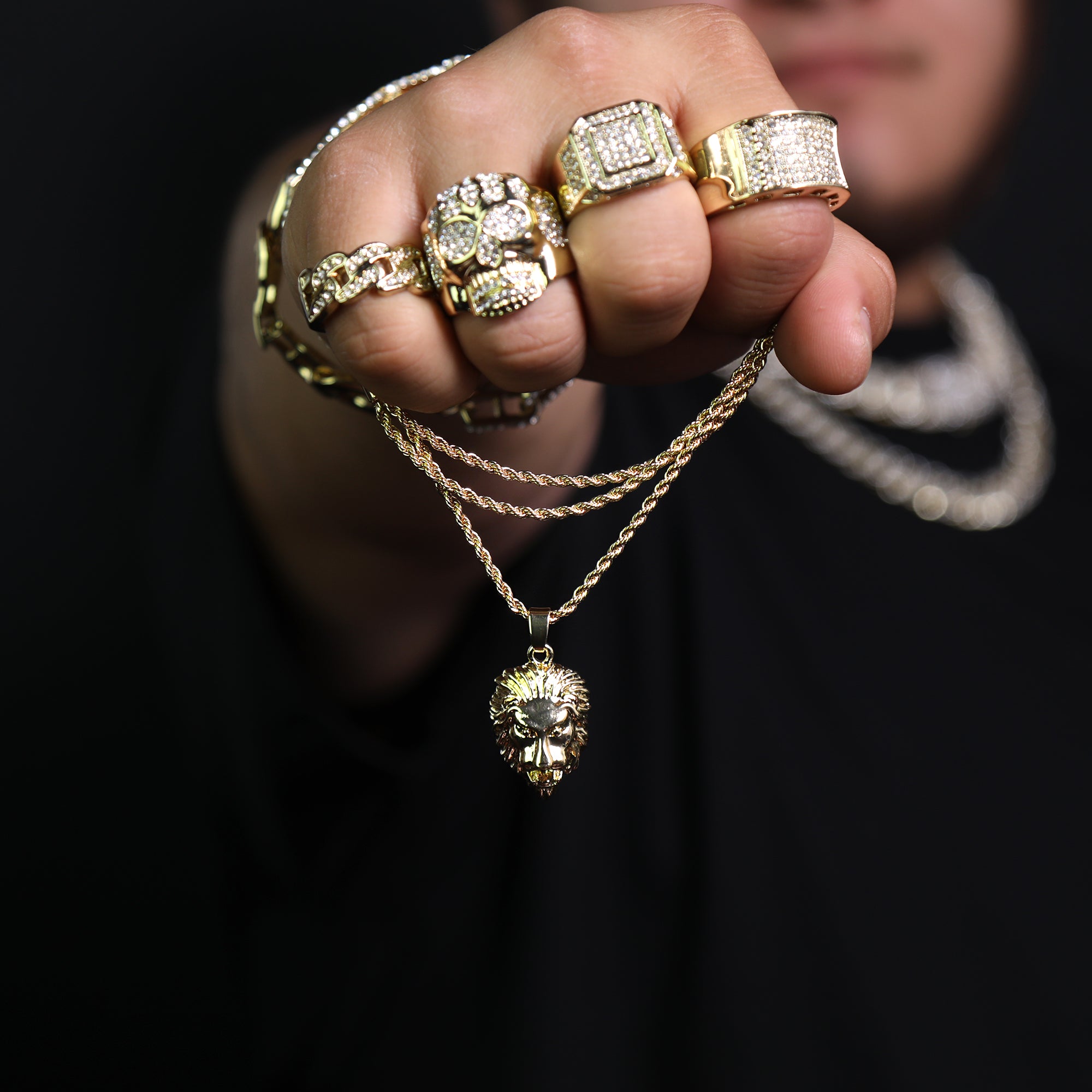 Micro Lion Face Pendant 24" Rope Chain Hip Hop Style 18k Gold PT