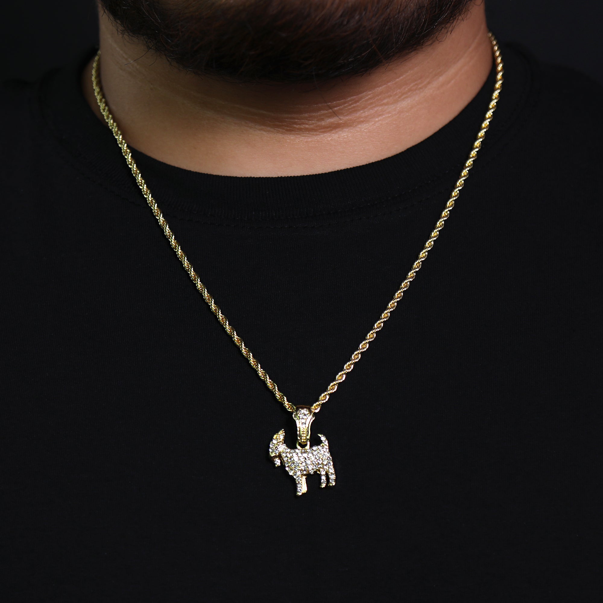 Micro Goat Pendant 24" Rope Chain Hip Hop Style 18k Gold PT