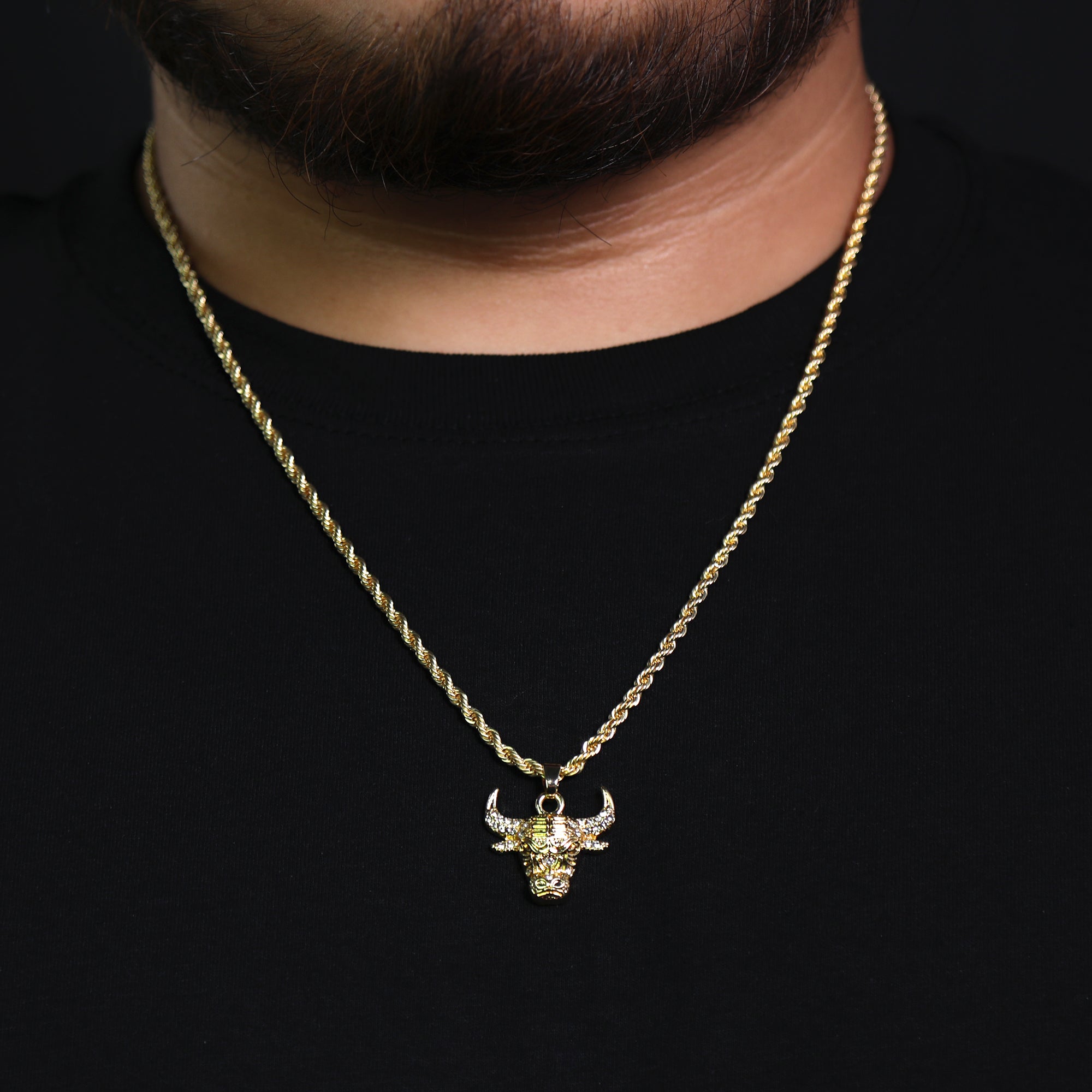 Micro Bull Head Pendant 24" Rope Chain Hip Hop Style 18k Gold PT