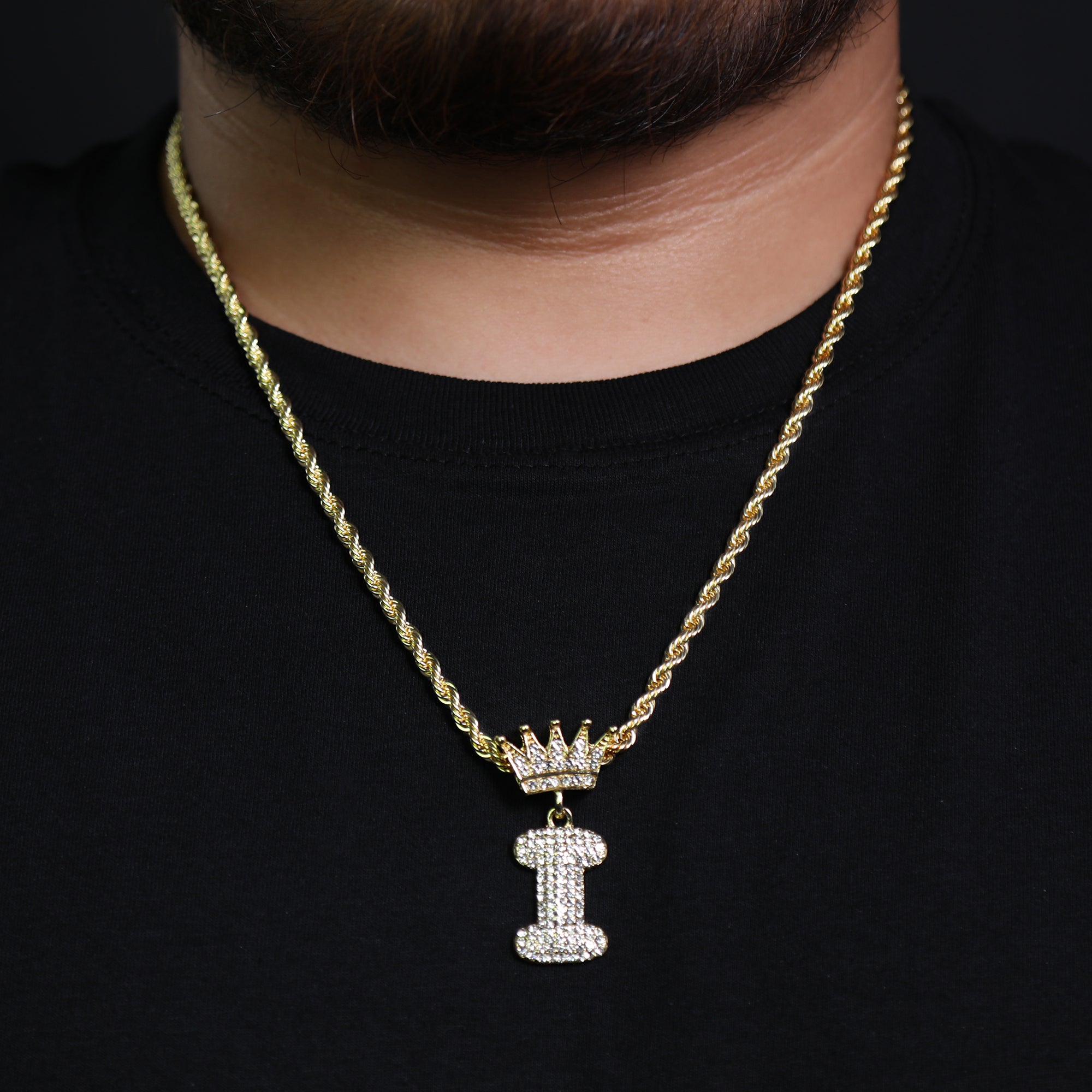 Crown Bubble letter I Pendant 24" Rope Chain Hip Hop Style 18k Gold PT