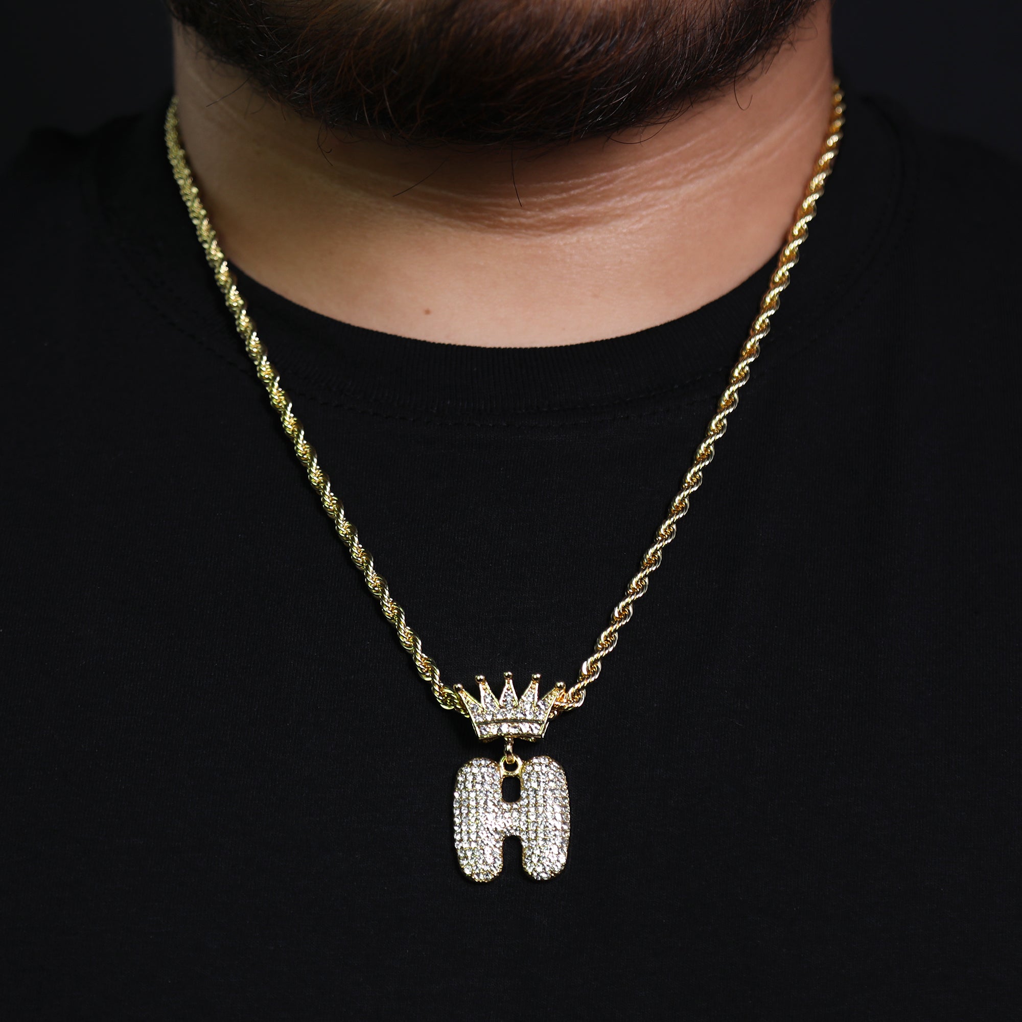 Crown Bubble Letter H Pendant 24"Rope Chain Hip Hop Style 18k Gold Plated Necklace
