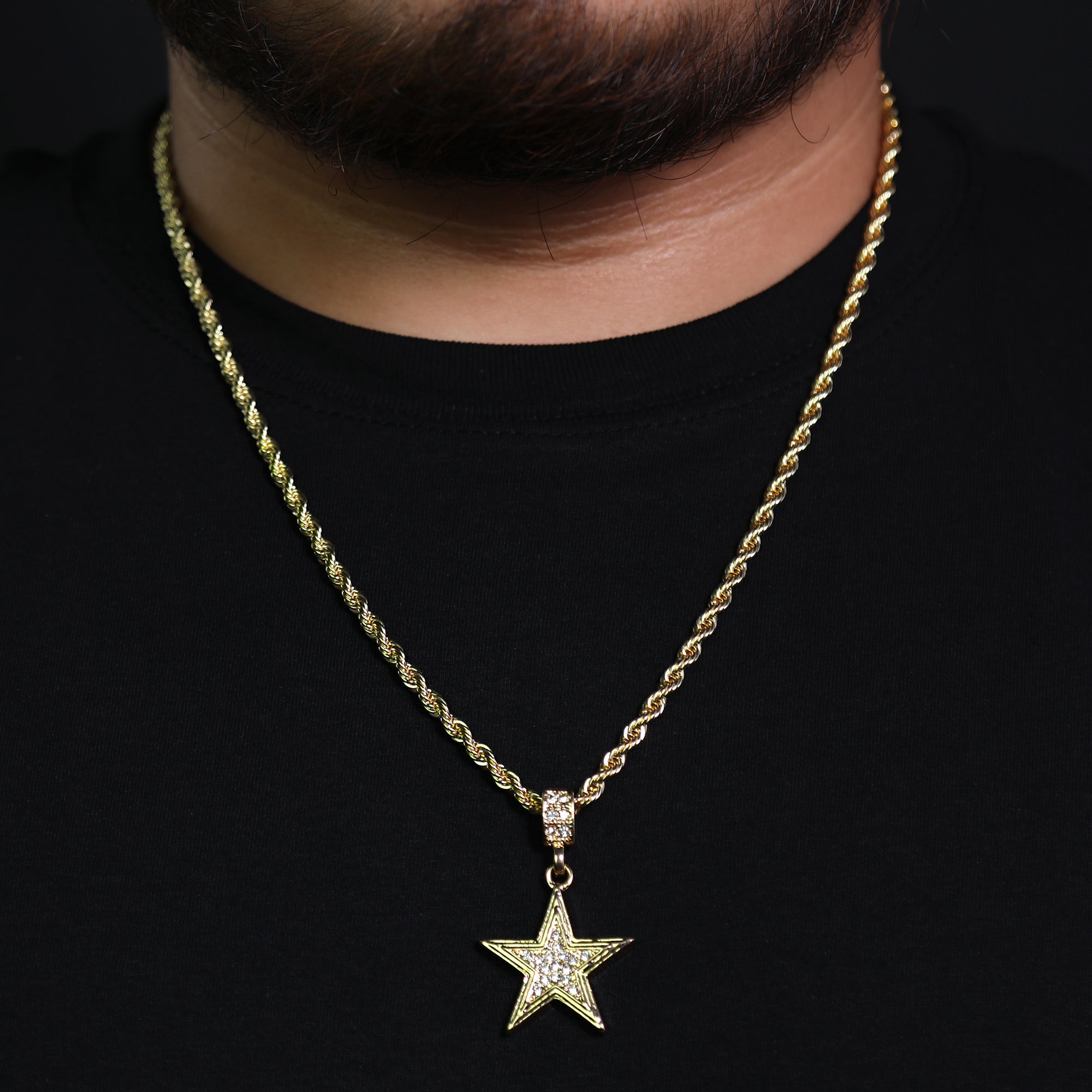Star Pendant 24" Rope Chain Hip Hop Style 18k Gold PT