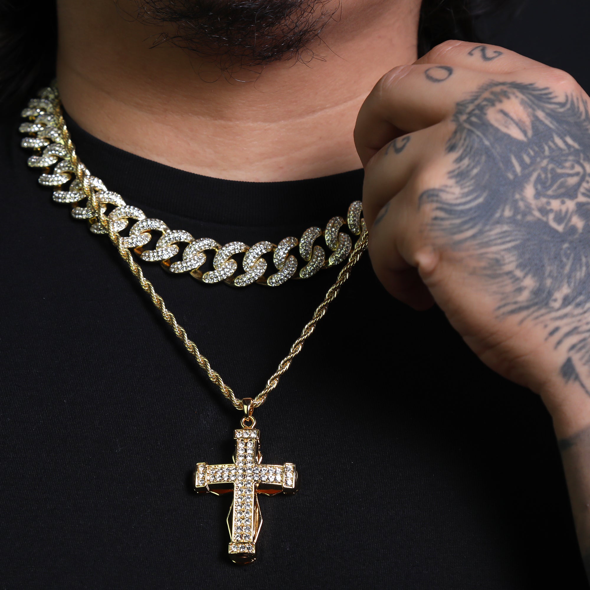 Iced 3D Staple Cross Crucifix Pendant 24" Rope Chain Hip Hop Style 18k Gold PT