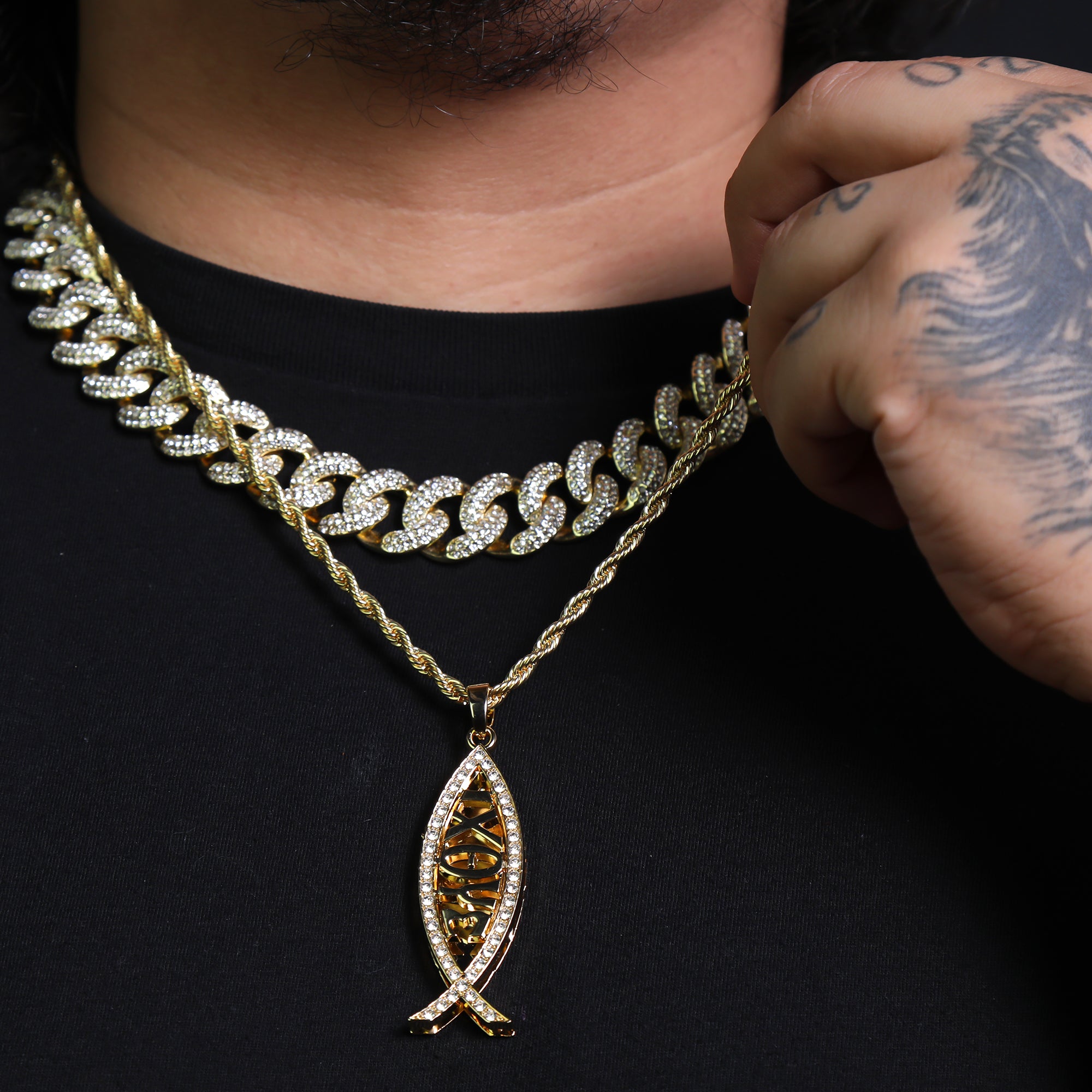 Iced 3D Jesus Fish IXOYE Pendant 24" Rope Chain Hip Hop Style 18k Gold Plated