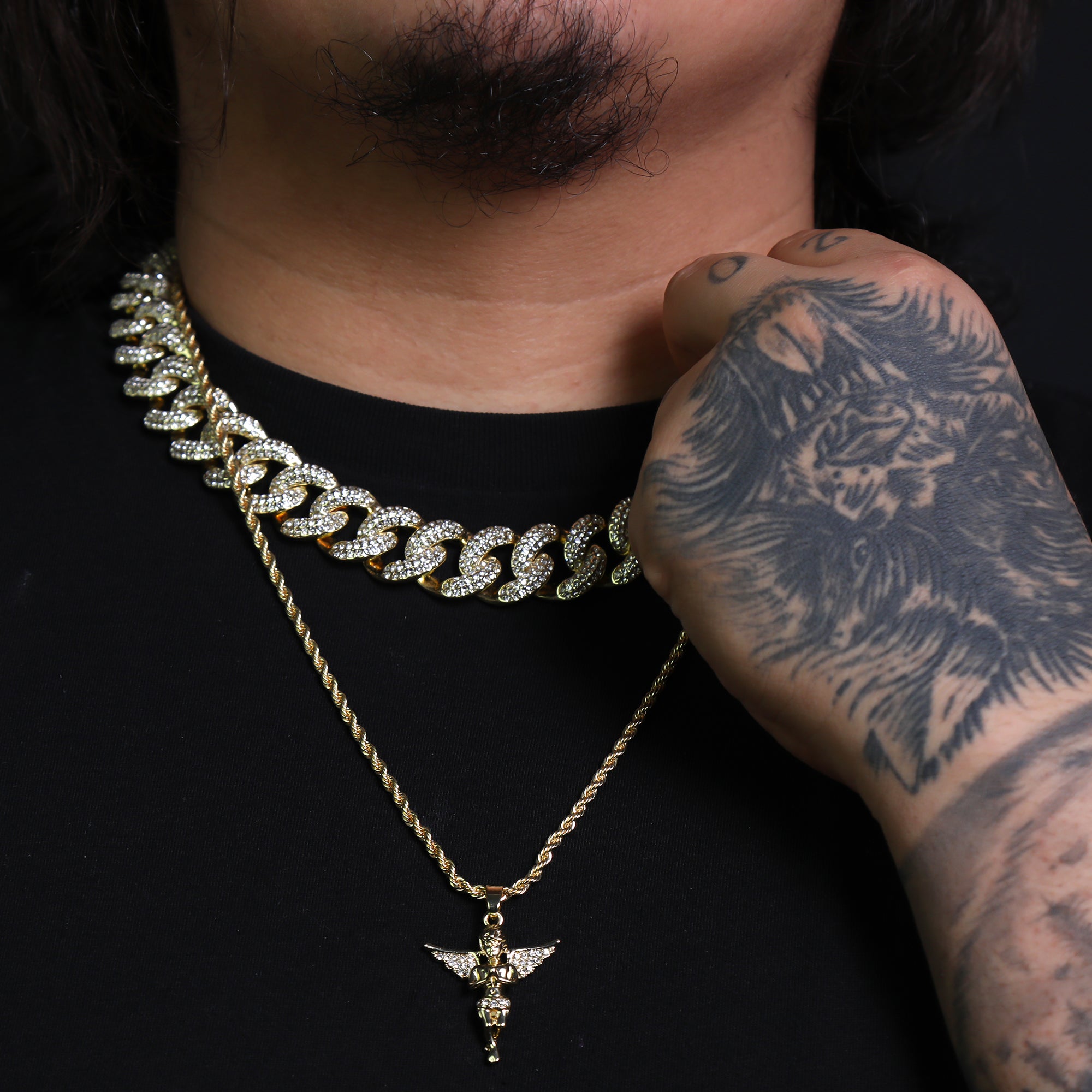 Iced Micro Praying Angel Pendant 24" Rope Chain Hip Hop Style 18k Gold PT