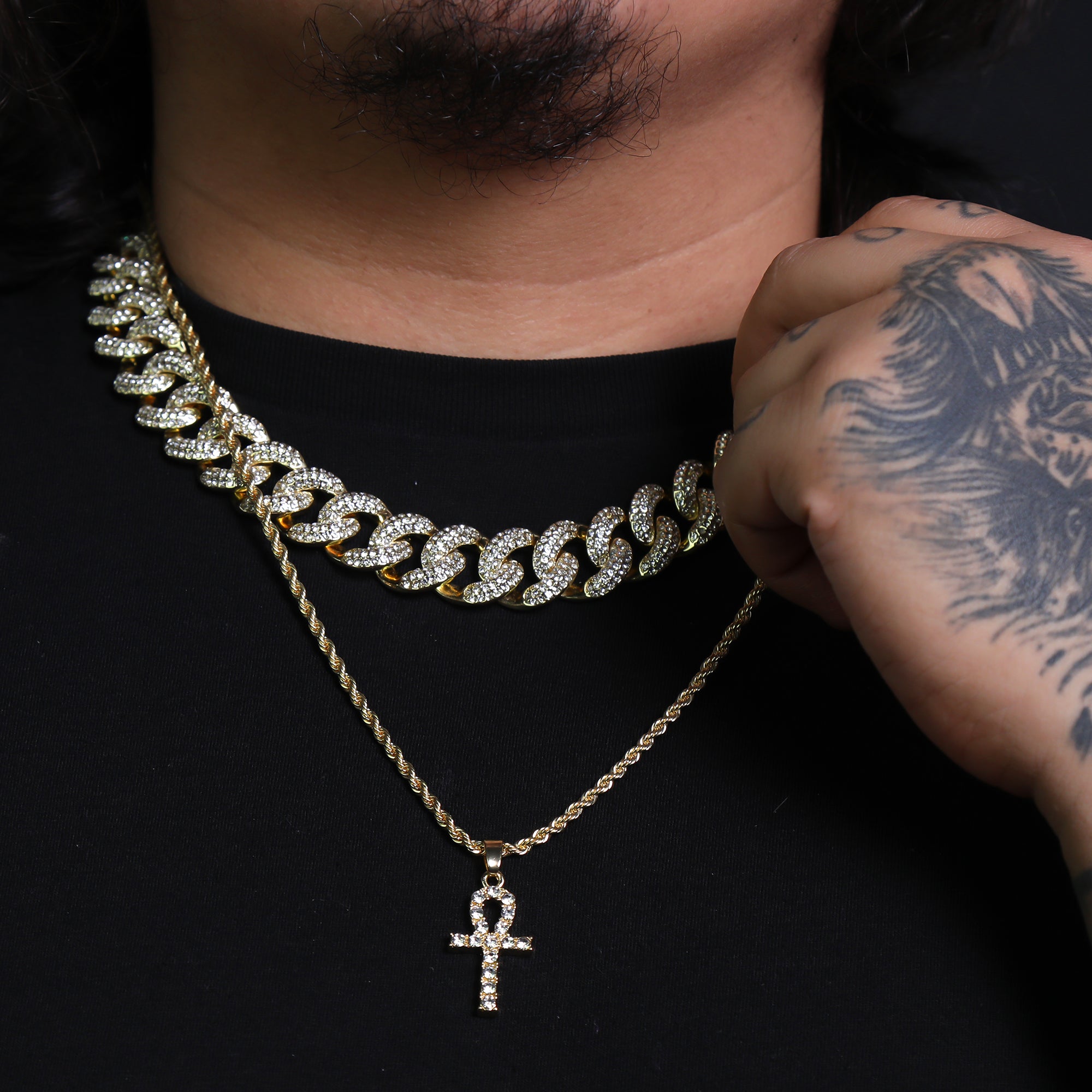 Iced Micro Egyptian Ankh Cross Pendant 24" Rope Chain Hip Hop Style 18k Gold PT