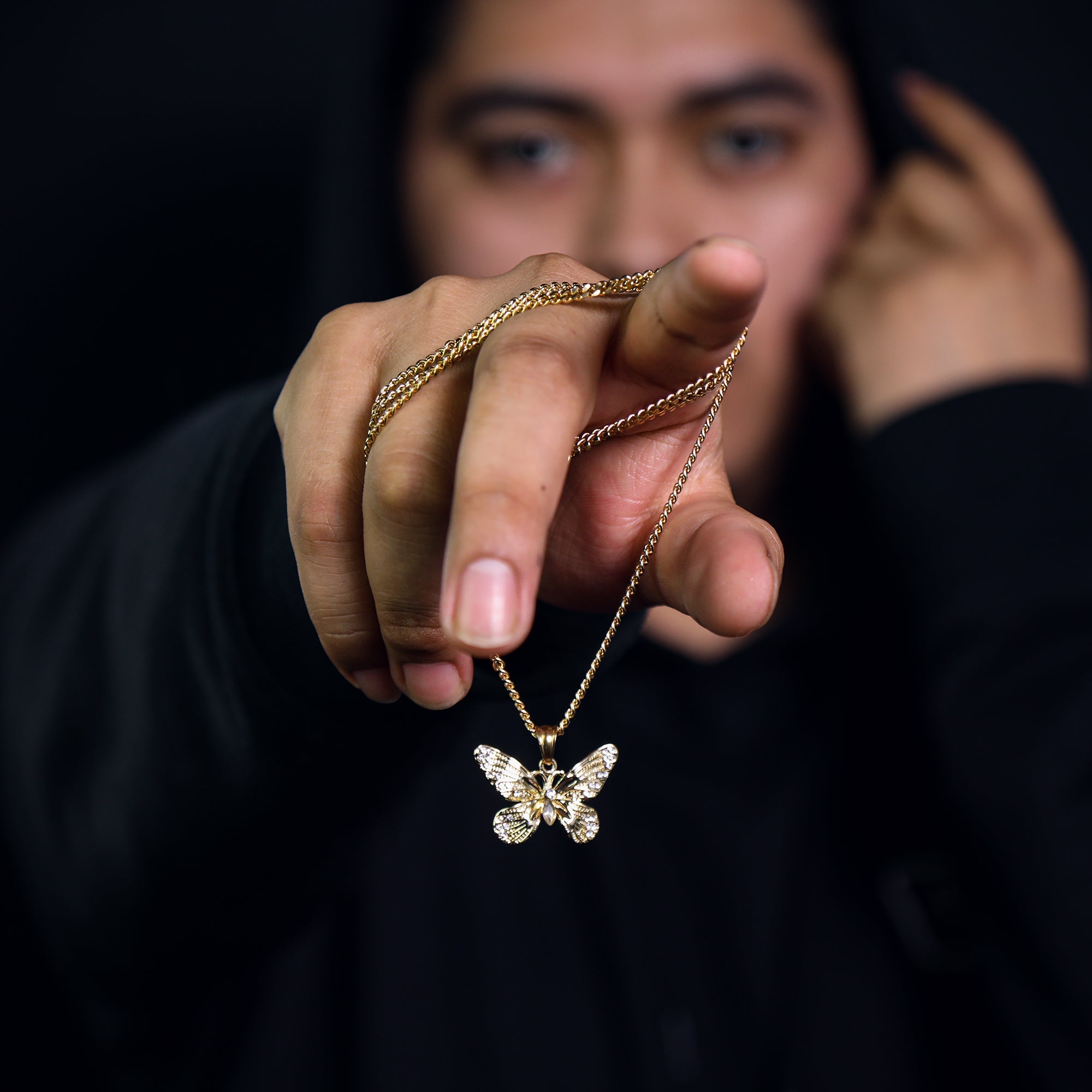 Butterfly Pendant 24" Cuban Chain Hip Hop Style 18k Gold Stainless Steel