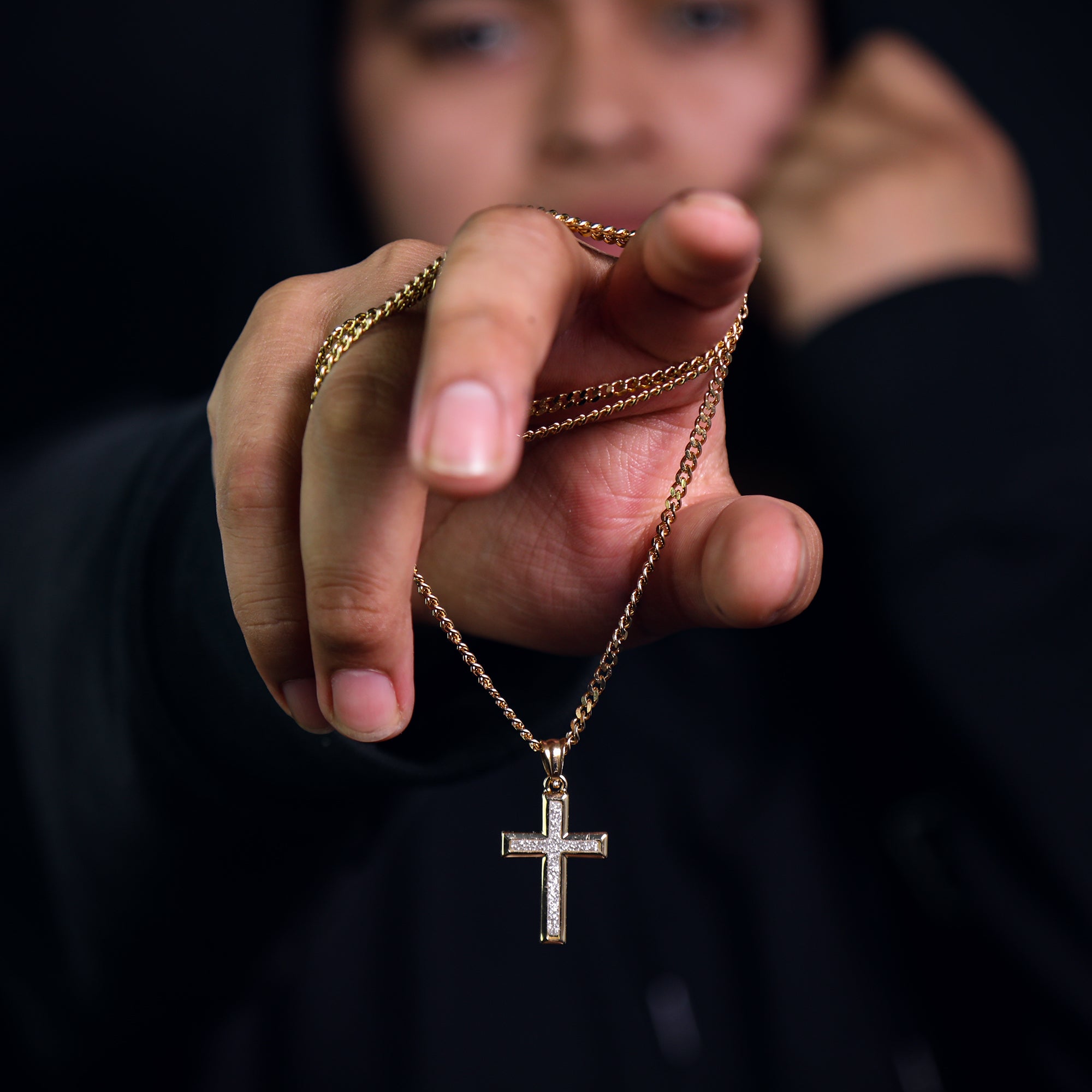 Slim Stardust Cross Pendant 24" Cuban Chain Hip Hop Style 18k Gold Stainless Steel