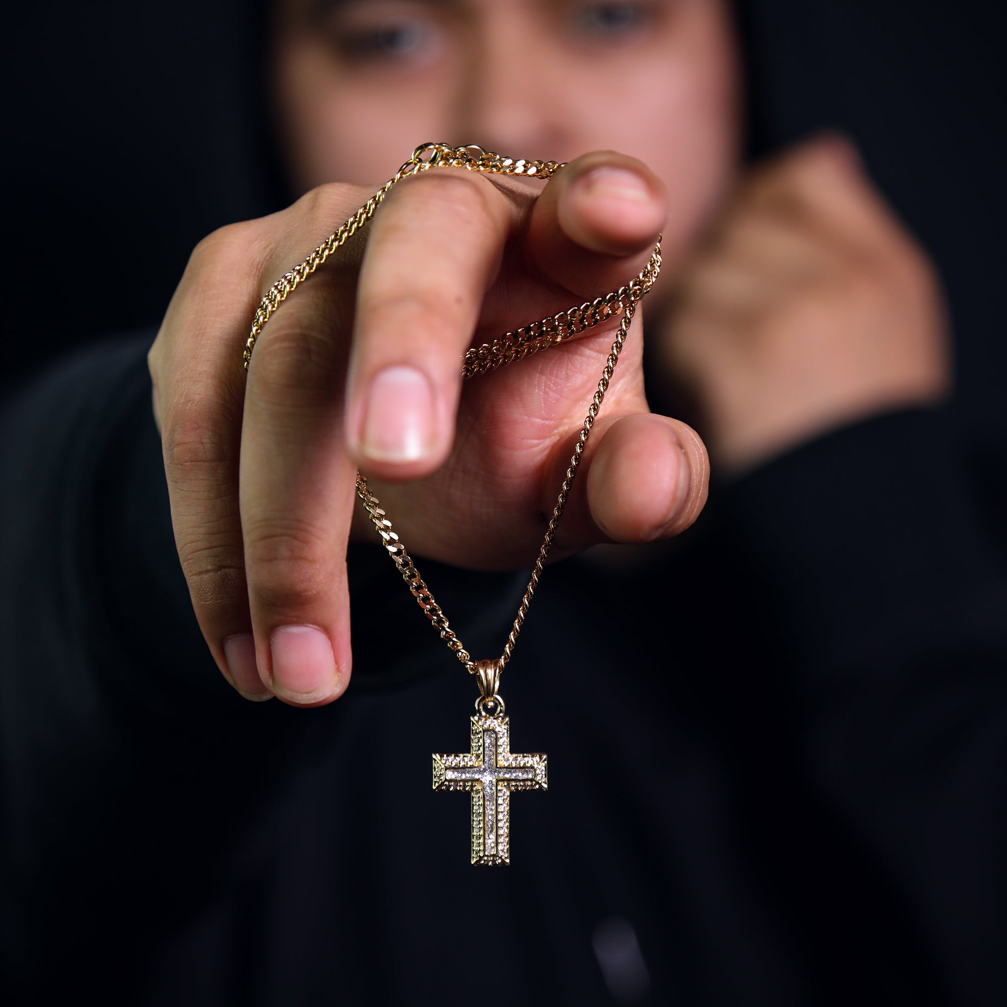 Voided Stardust Cross Pendant 24" Cuban Chain Hip Hop Style 18k Gold Stainless Steel