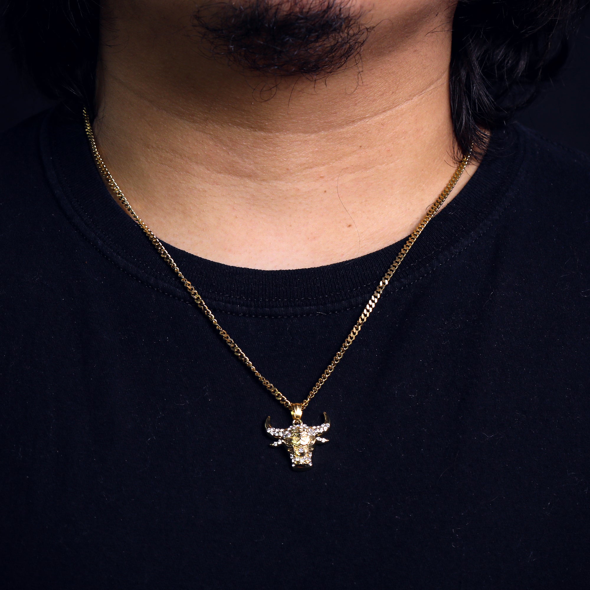 Bull Head Pendant 24" Cuban Chain Hip Hop Style 18k Gold Stainless Steel