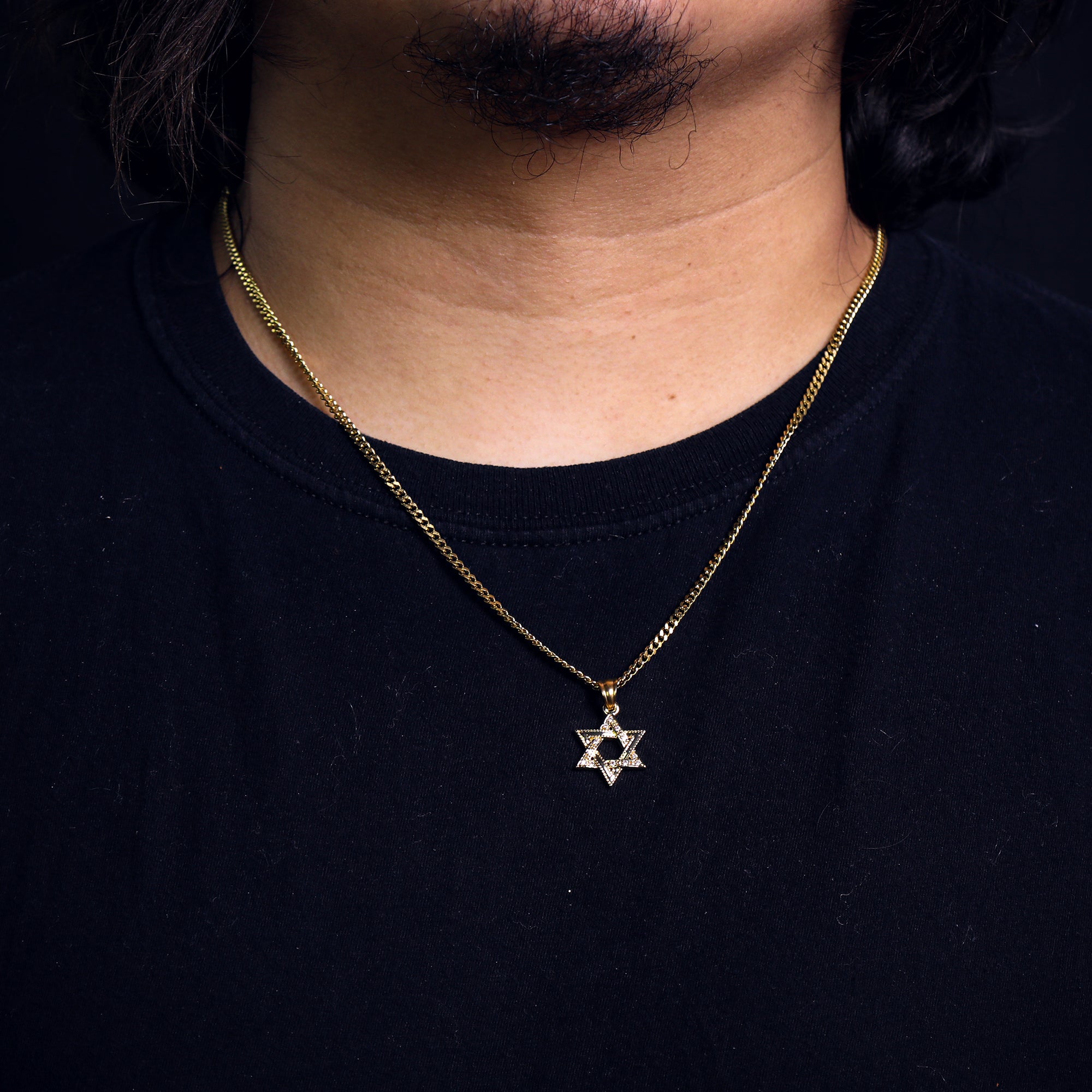 Star Of David Pendant 24" Cuban Chain Hip Hop Style 18k Gold Stainless Steel