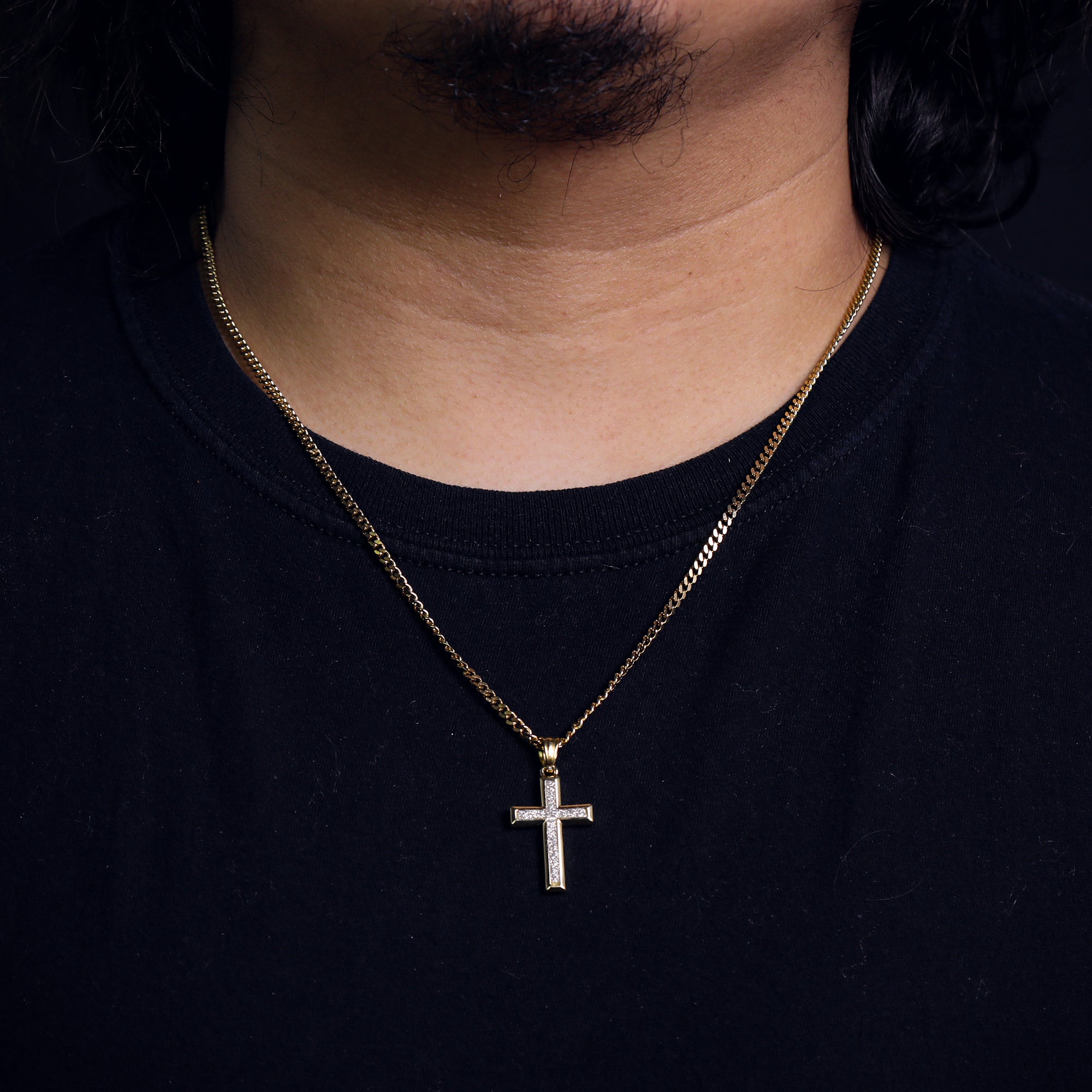 Slim Stardust Cross Pendant 24" Cuban Chain Hip Hop Style 18k Gold Stainless Steel