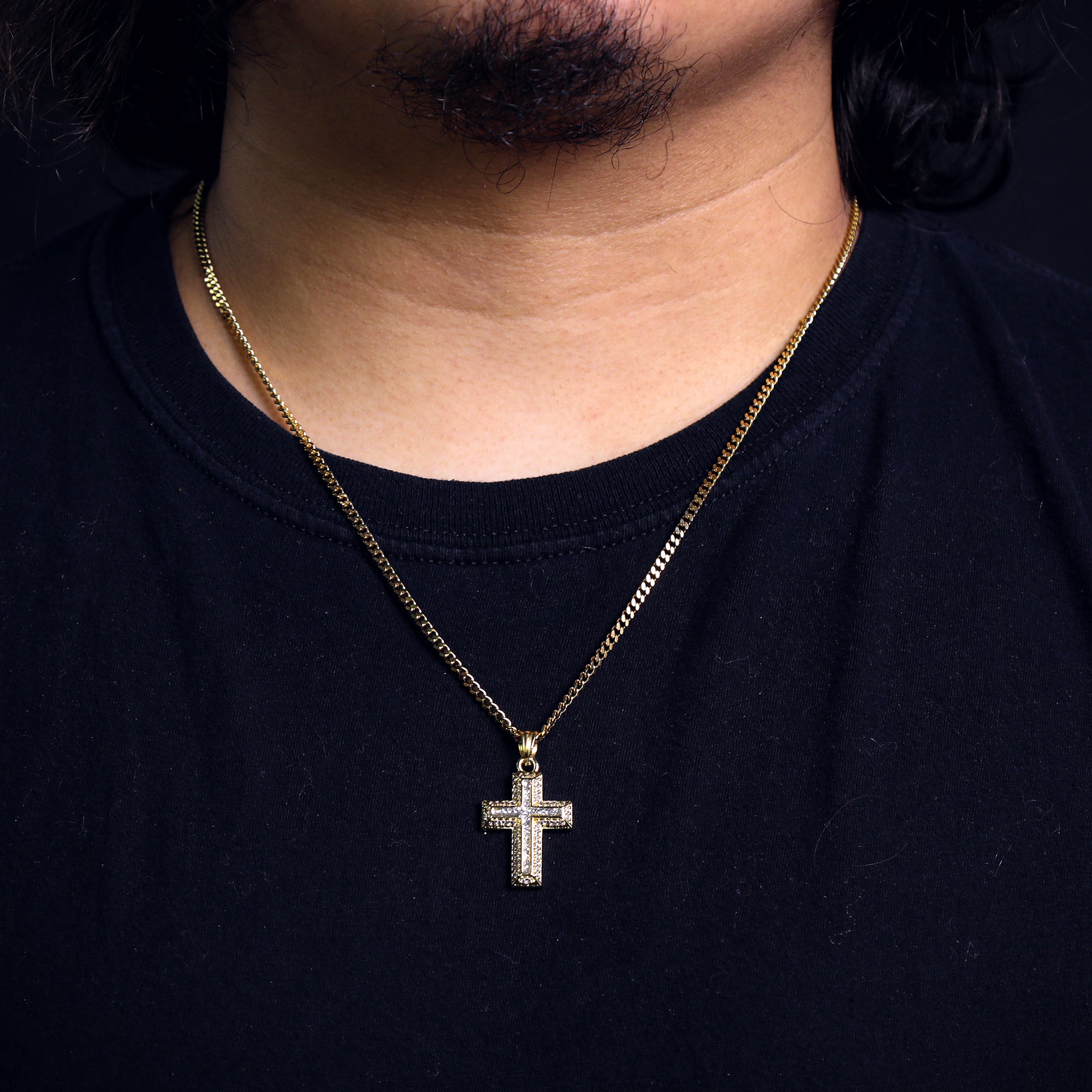 Voided Stardust Cross Pendant 24" Cuban Chain Hip Hop Style 18k Gold Stainless Steel