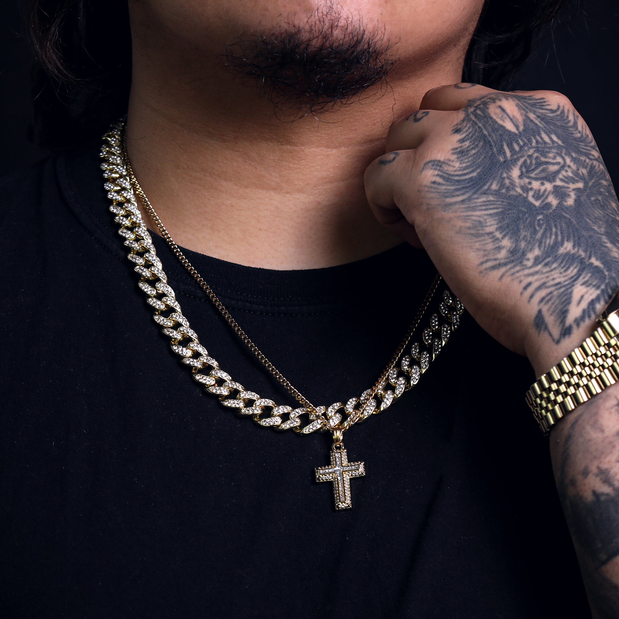 Voided Stardust Cross Pendant 24" Cuban Chain Hip Hop Style 18k Gold Stainless Steel