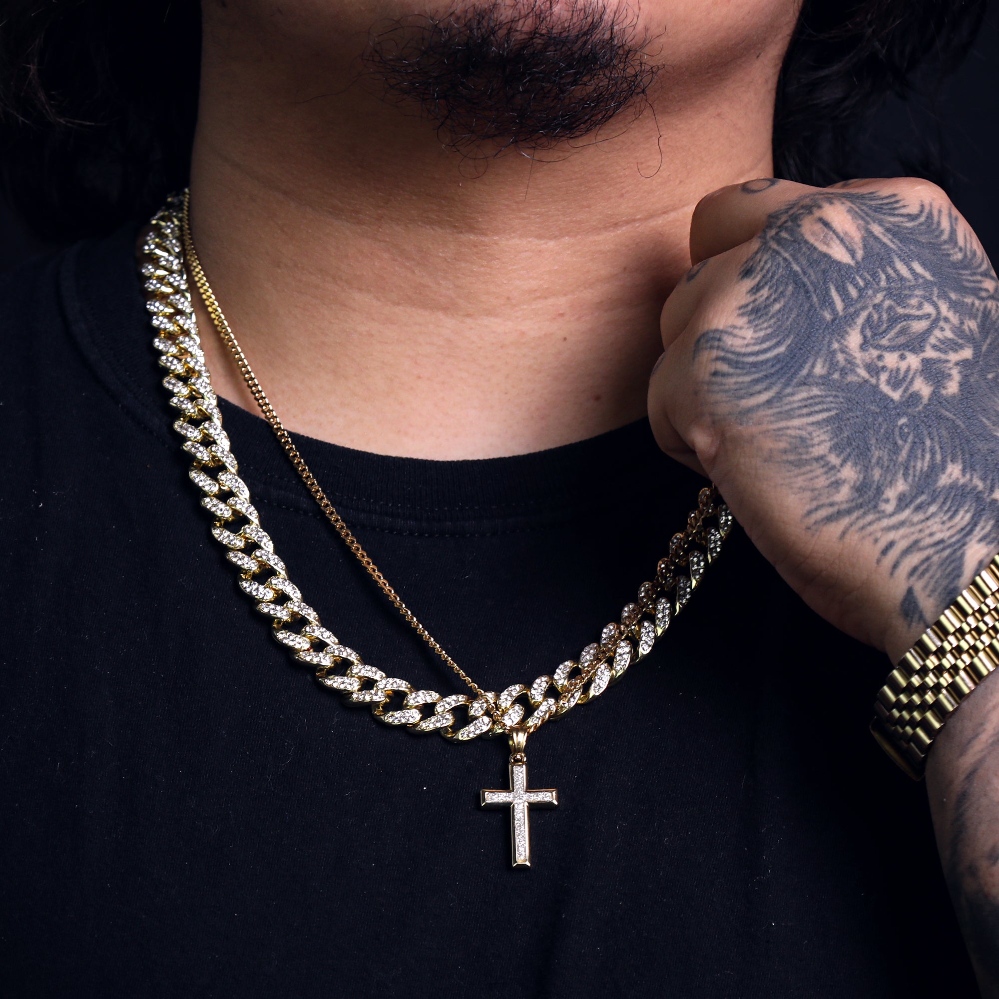 Slim Stardust Cross Pendant 24" Cuban Chain Hip Hop Style 18k Gold Stainless Steel