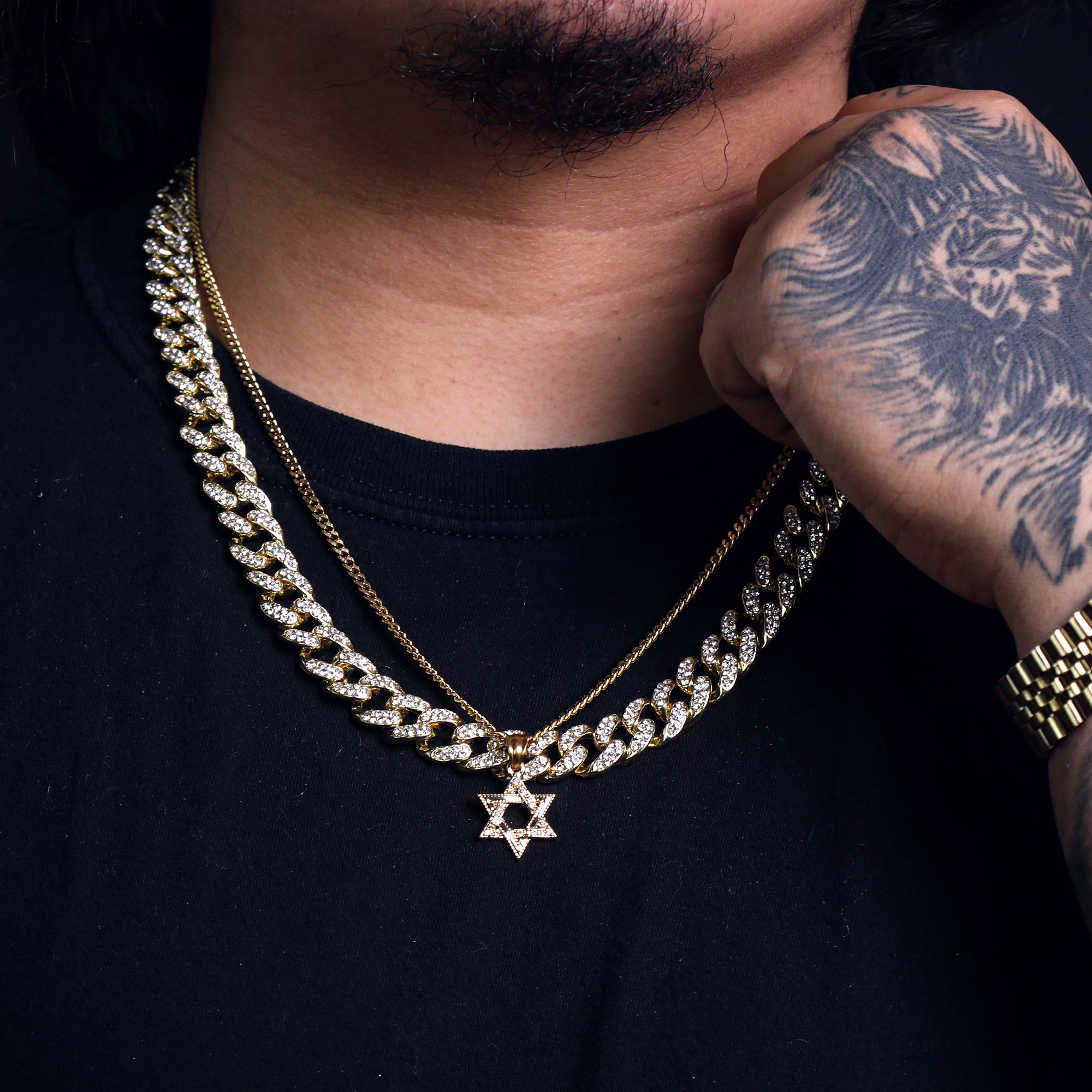 Star Of David Pendant 24" Cuban Chain Hip Hop Style 18k Gold Stainless Steel