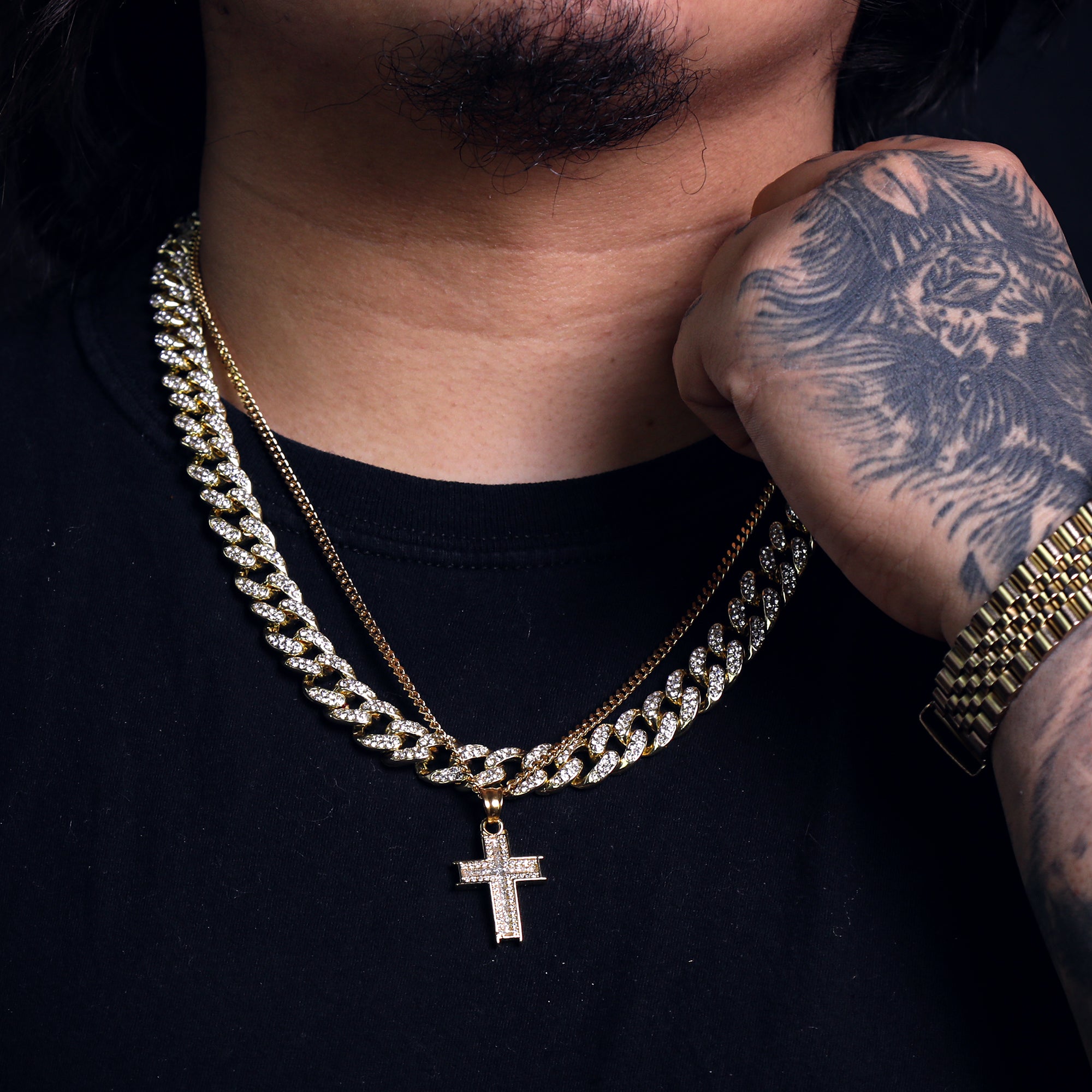 Forked Cross Pendant 24" Cuban Chain Hip Hop Style 18k Gold Stainless Steel