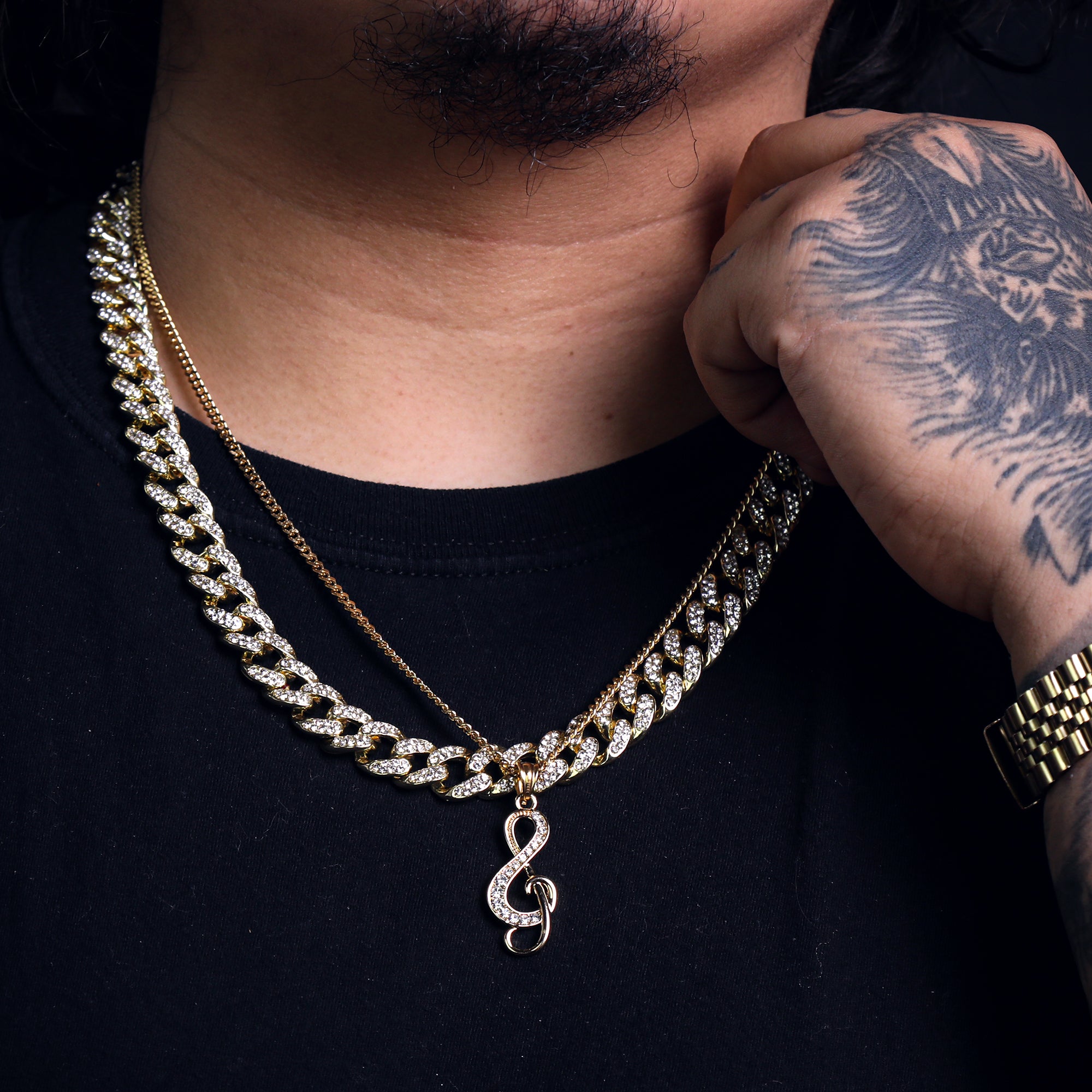 Music Note Pendant 24" Cuban Chain Hip Hop Style 18k Gold Stainless Steel