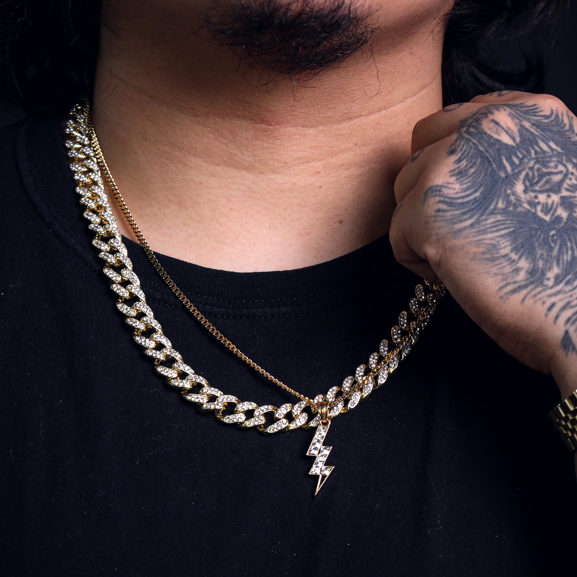 Lightning Pendant 24" Cuban Chain Hip Hop Style 18k Gold Stainless Steel
