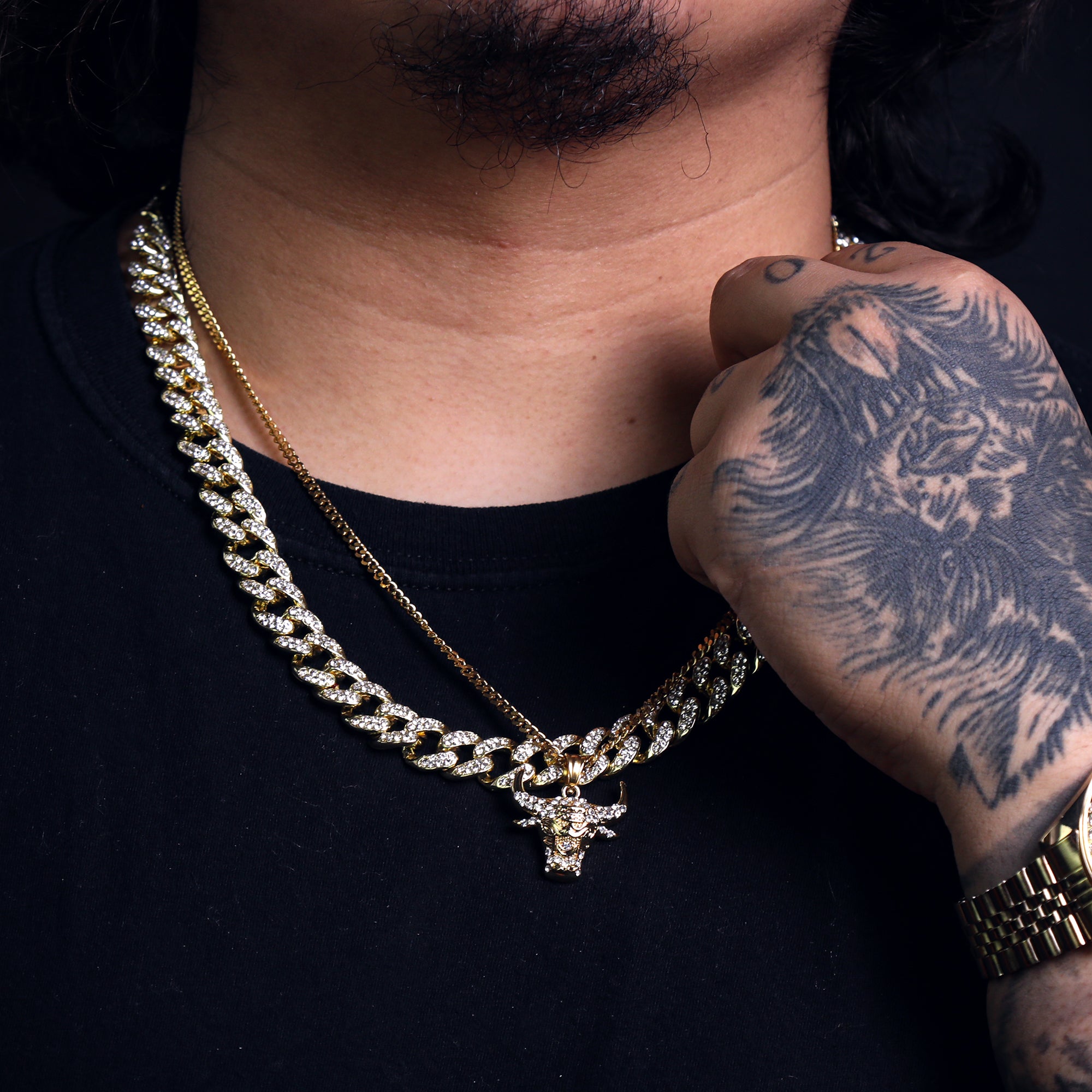 Bull Head Pendant 24" Cuban Chain Hip Hop Style 18k Gold Stainless Steel