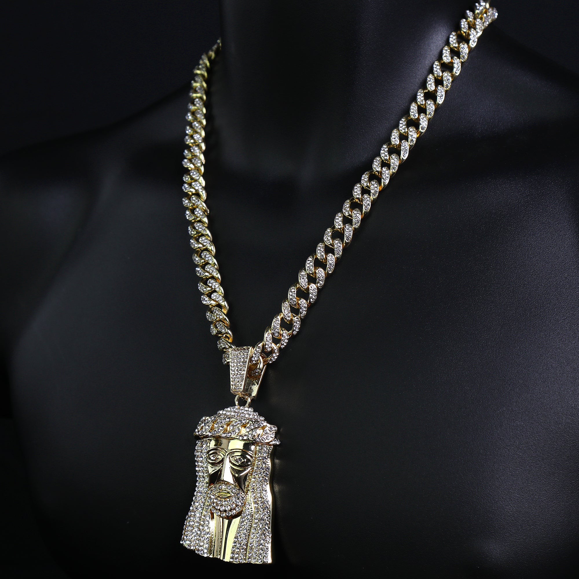 Flat Jesus Face Pendant Iced Cuban Cz Choker Chain Mens Hip Hop Jewelry 18-24"