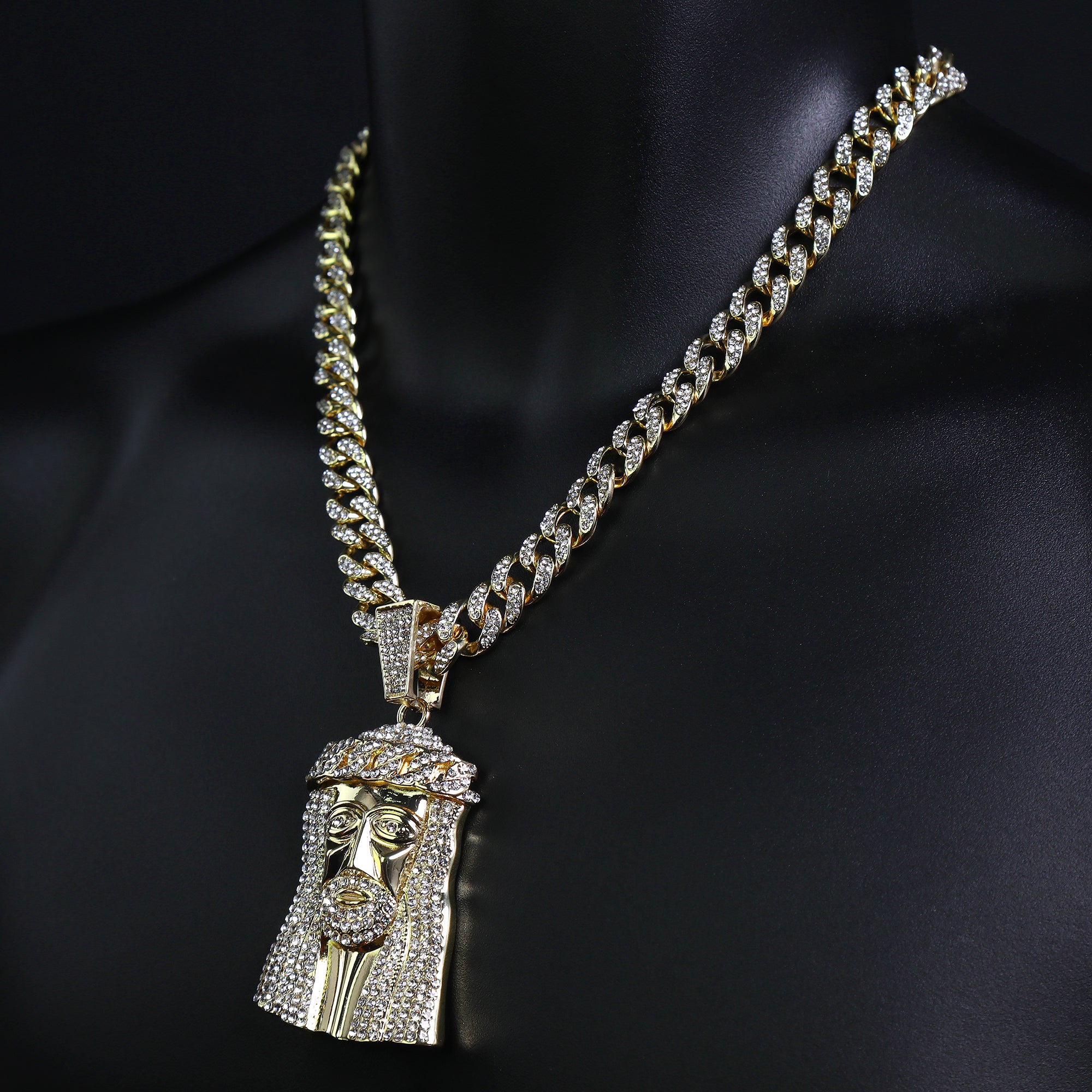 Flat Jesus Face Pendant Iced Cuban Cz Choker Chain Mens Hip Hop Jewelry 18-24"
