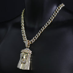 Flat Jesus Face Pendant Iced Cuban Cz Choker Chain Mens Hip Hop Jewelry 18-24"
