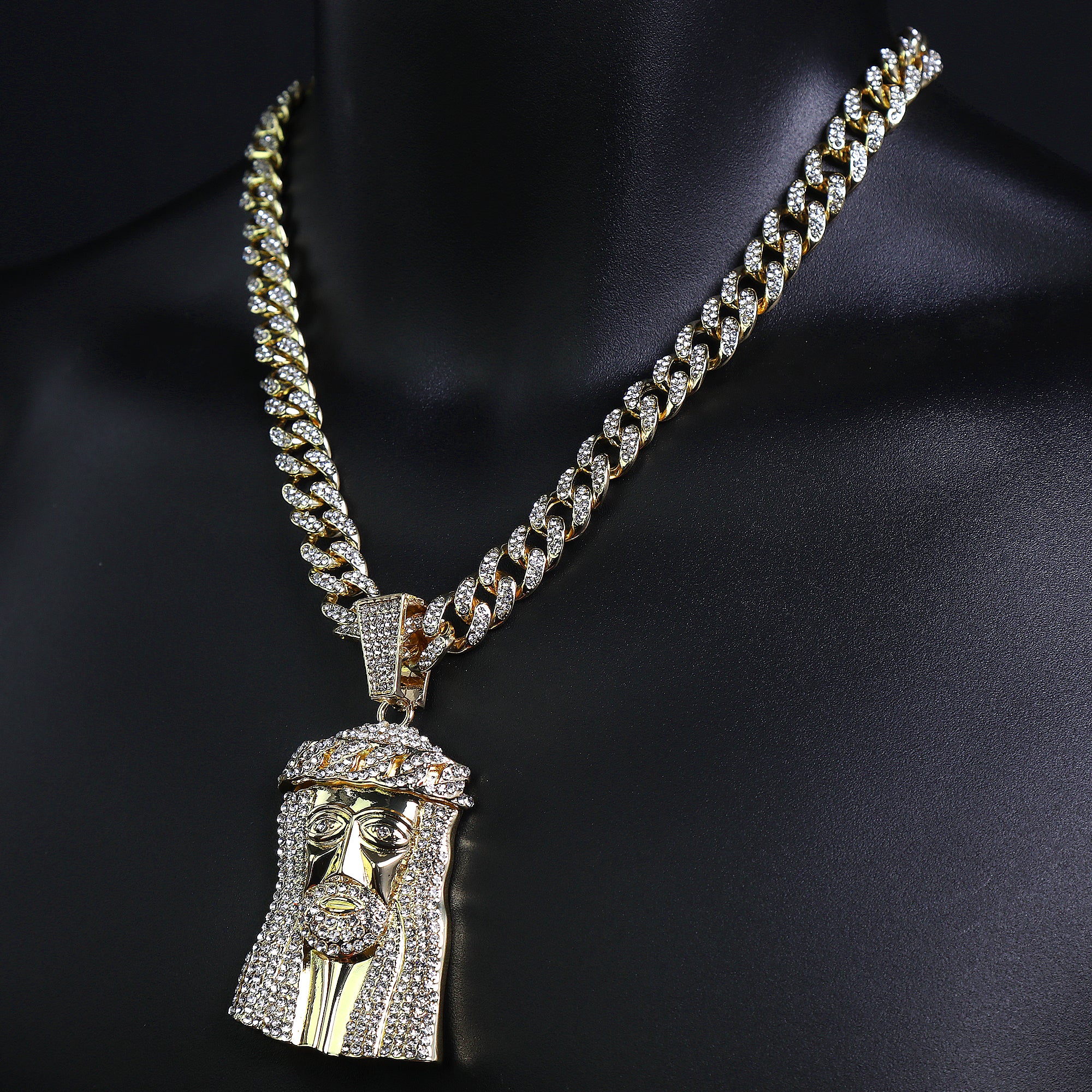 Flat Jesus Face Pendant Iced Cuban Cz Choker Chain Mens Hip Hop Jewelry 18-24"