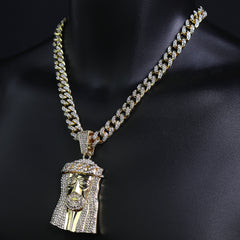 Flat Jesus Face Pendant Iced Cuban Cz Choker Chain Mens Hip Hop Jewelry 18-24"